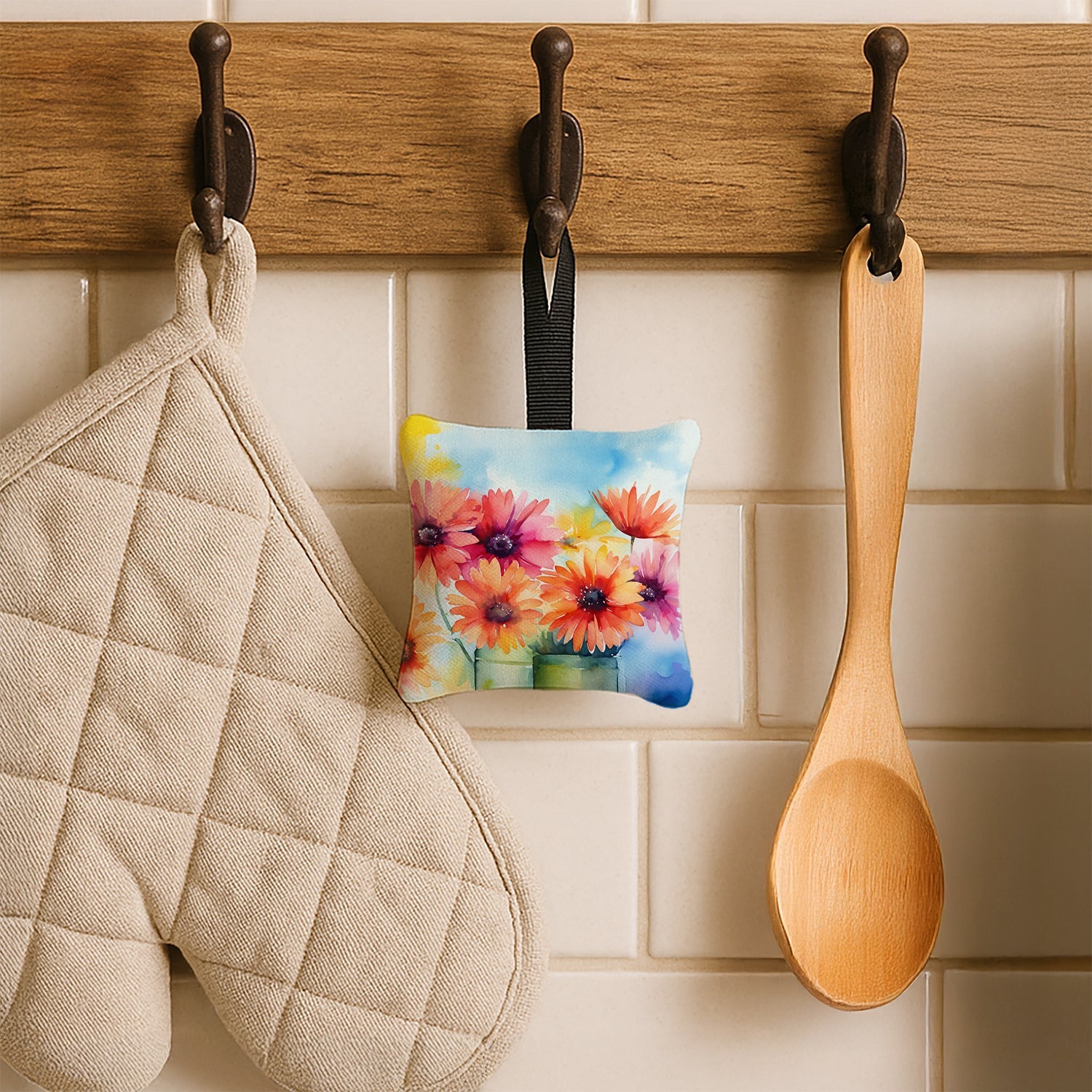 Gerbera Daisies in Watercolor Hanging Square Fabric Ornament 3.5 × 3.5 Decorative Door-Knob & Tree Hanger, Soft Fabric