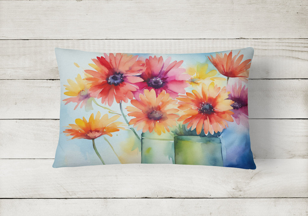 Gerbera Daisies in Watercolor Decorative Throw Pillow 12x16 Indoor Outdoor Accent Cushion, Fabric Cover with Insert for Sofa, Bed, Porch & Living Room