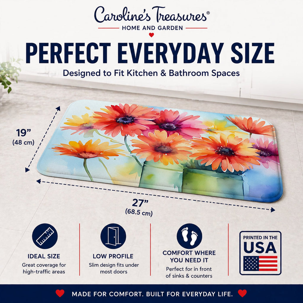 Gerbera Daisies in Watercolor Memory Foam Kitchen Mat Machine Washable Anti-Fatigue Cushion Comfort Bath or Kitchen Rug