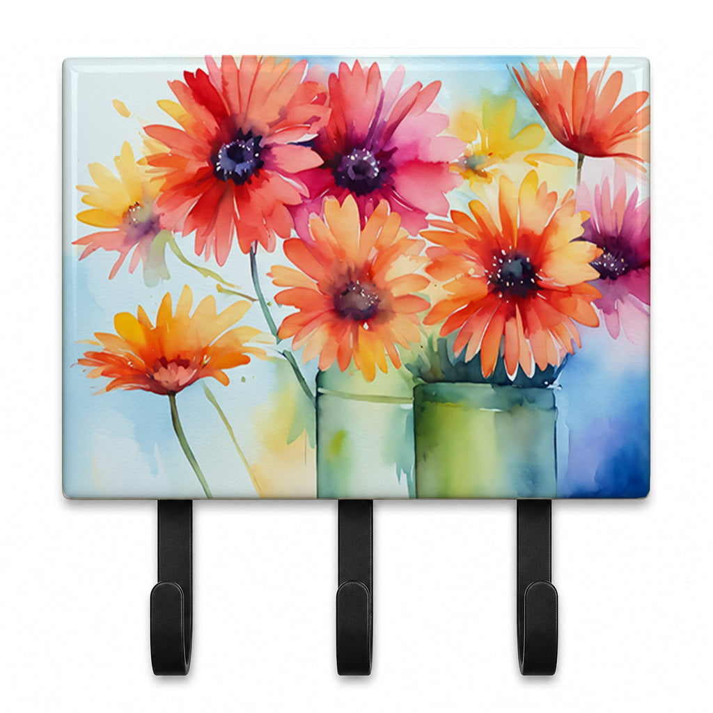 Gerbera Daisies in Watercolor Leash or Key Holder Wall Hooks, Coat Rack Wall Mount, for Hanging Keys, Towels, Aprons, Leashes