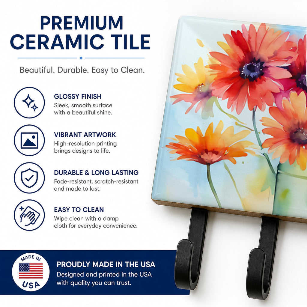 Gerbera Daisies in Watercolor Leash or Key Holder Wall Hooks, Coat Rack Wall Mount, for Hanging Keys, Towels, Aprons, Leashes