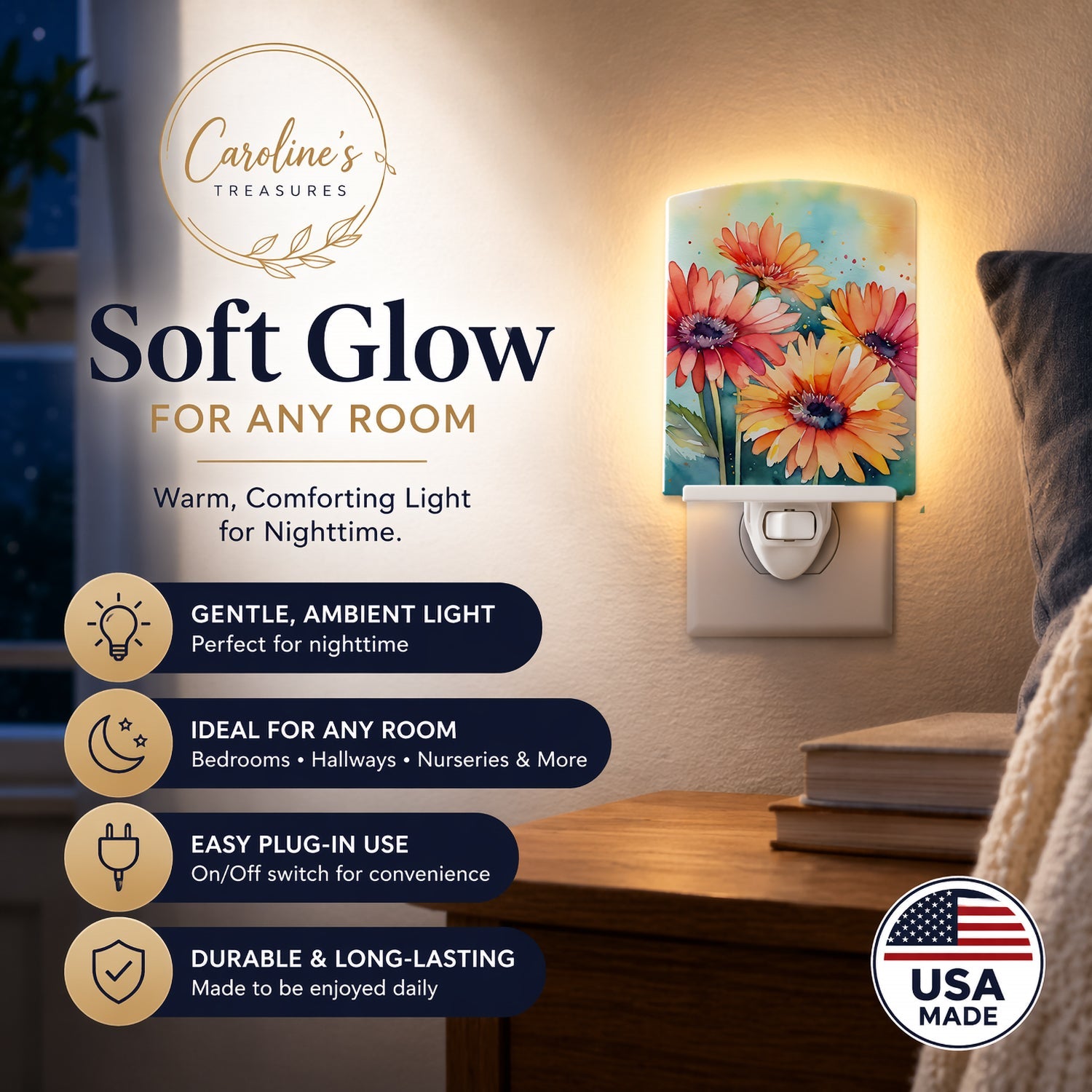 Gerbera Daisies in Watercolor Ceramic Night Light Compact, UL-Certified, Ideal for Bedroom, Bathroom, Nursery, Hallway, Kitchen, 6x4x3, Multicolor