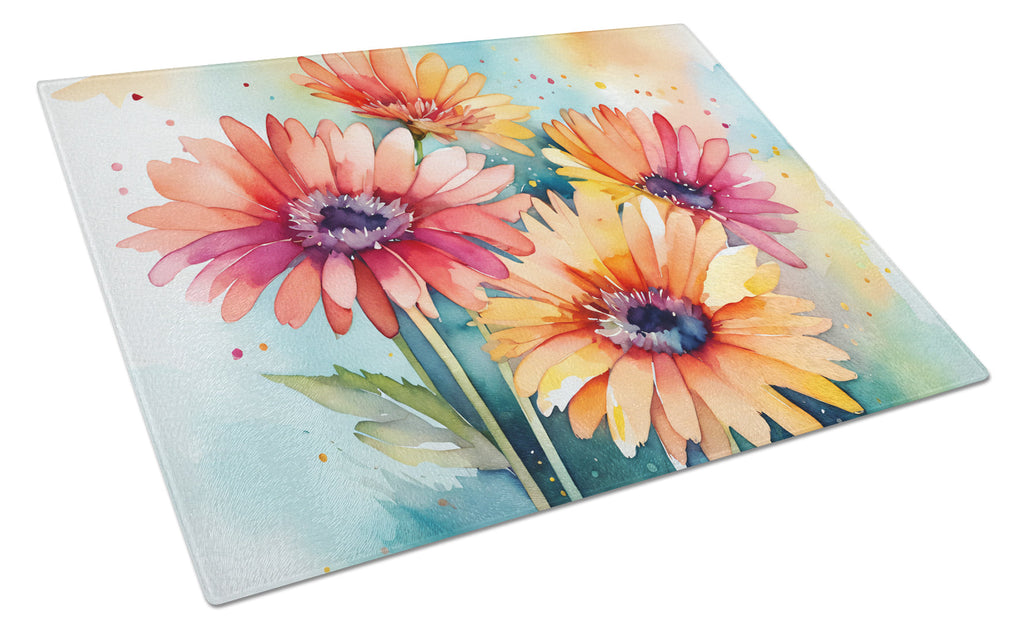 Gerbera Daisies in Watercolor Cutting Board Tempered Glass Kitchen Cutting Surface, Heat Resistant Chopping, Non-Slip Feet, Food Prep & Serving
