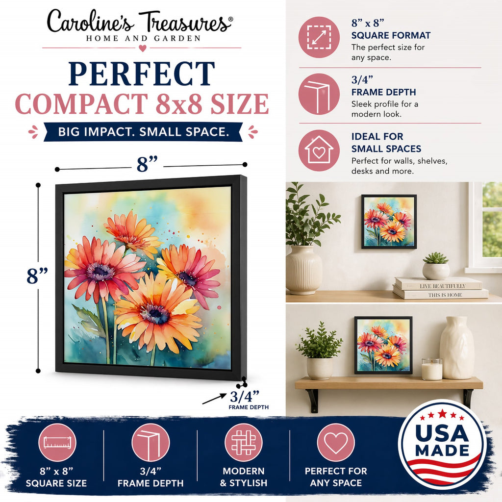 Gerbera Daisies in Watercolor Framed Metal Print Bathroom, Kitchen, Office, Home Decor Wall Art Ready to Hang, Square, 8X8