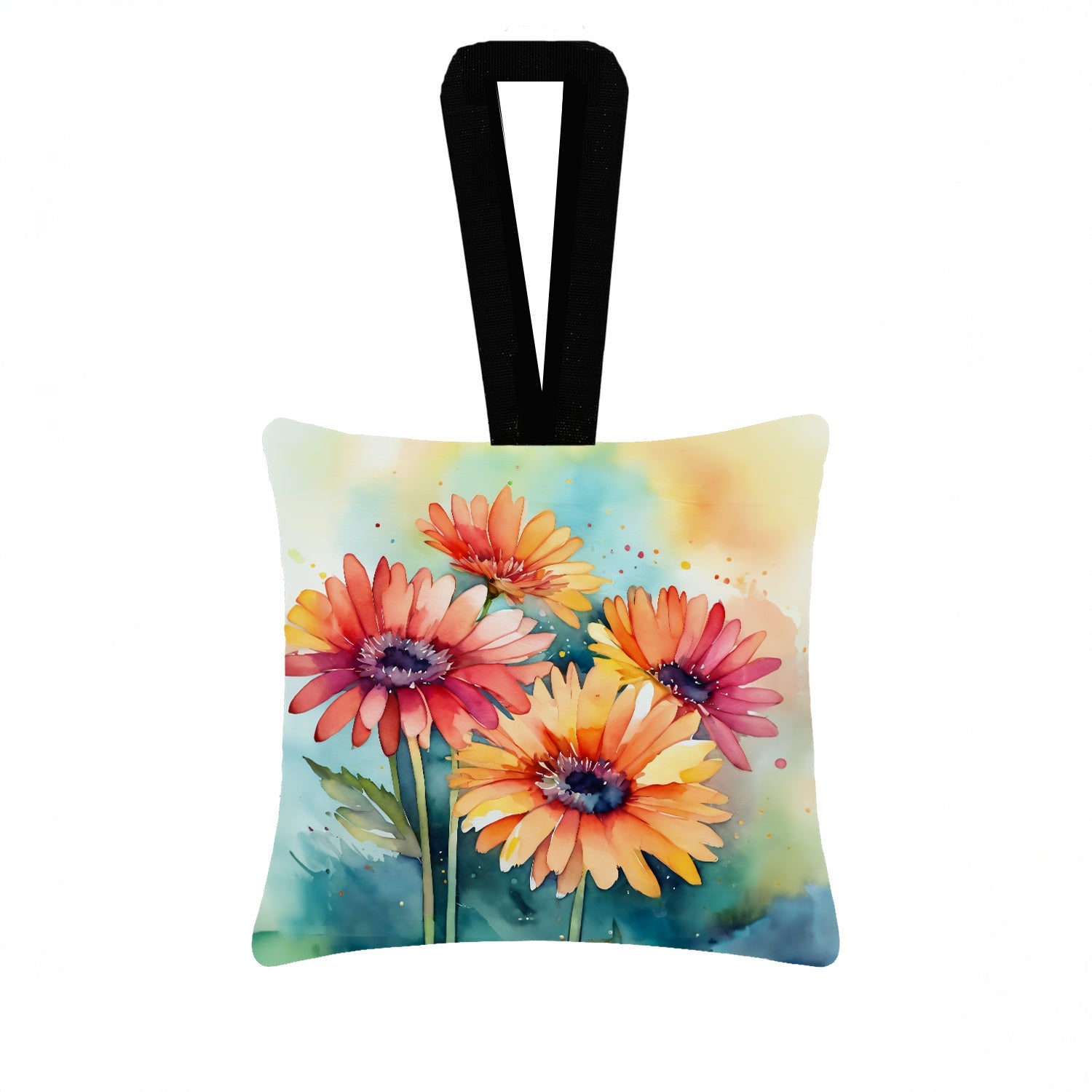 Gerbera Daisies in Watercolor Hanging Square Fabric Ornament 3.5 × 3.5 Decorative Door-Knob & Tree Hanger, Soft Fabric