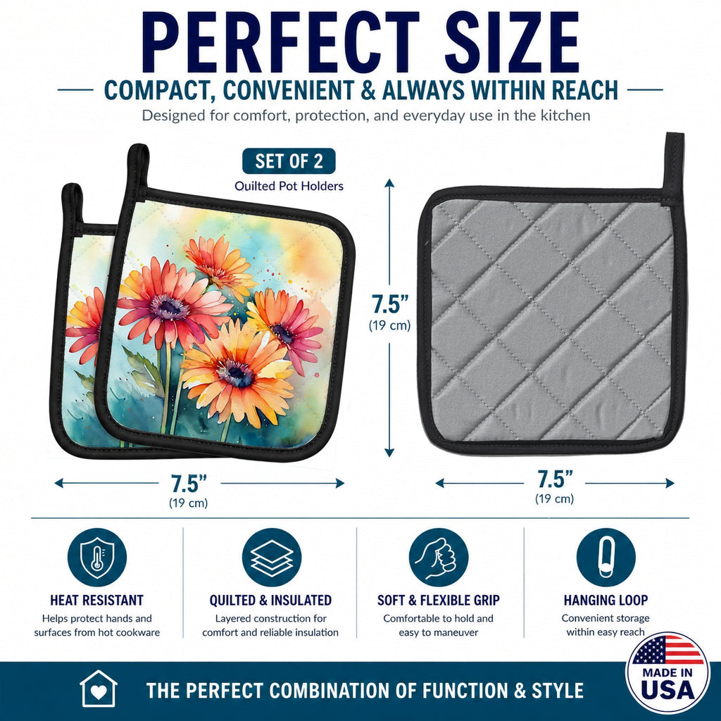 Gerbera Daisies in Watercolor Pot Holder Set of 2 Heat Resistant Quilted Hot Pads 7.5 x 7.5 Inch, Insulated Kitchen Trivets for Cooking & Baking