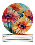 Gerbera Daisies in Watercolor Large Sandstone Coasters Pack of 4 Absorbent Round Coasters Decor Gifts for Men or Women, 4 in, Multicolor
