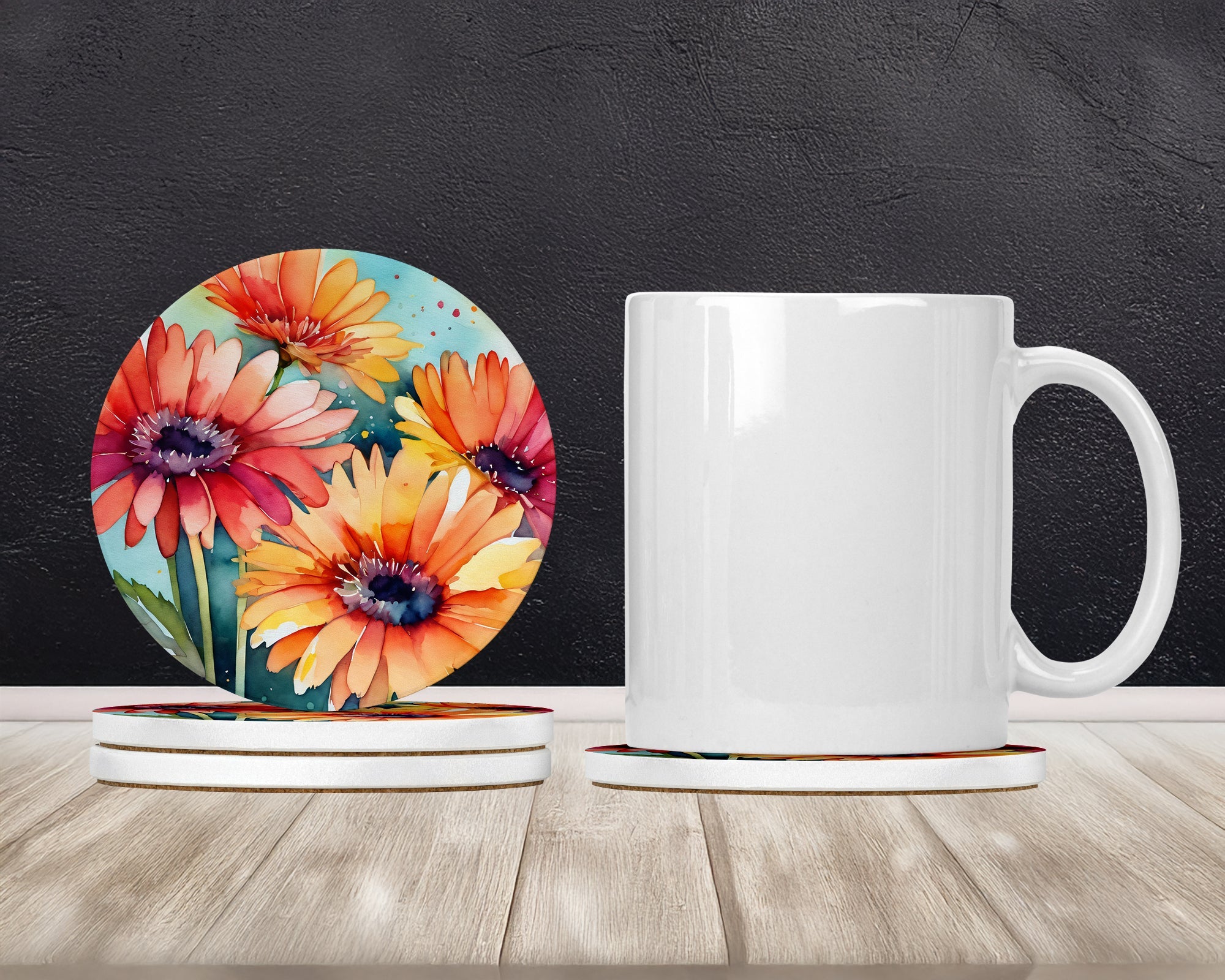 Gerbera Daisies in Watercolor Large Sandstone Coasters Pack of 4 Absorbent Round Coasters Decor Gifts for Men or Women, 4 in, Multicolor
