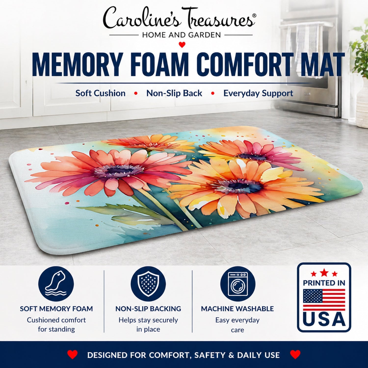 Gerbera Daisies in Watercolor Memory Foam Kitchen Mat Machine Washable Anti-Fatigue Cushion Comfort Bath or Kitchen Rug