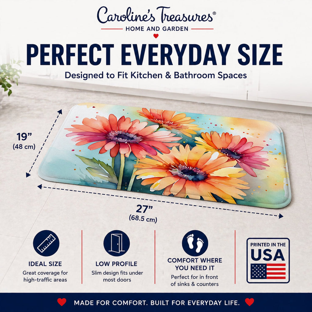 Gerbera Daisies in Watercolor Memory Foam Kitchen Mat Machine Washable Anti-Fatigue Cushion Comfort Bath or Kitchen Rug