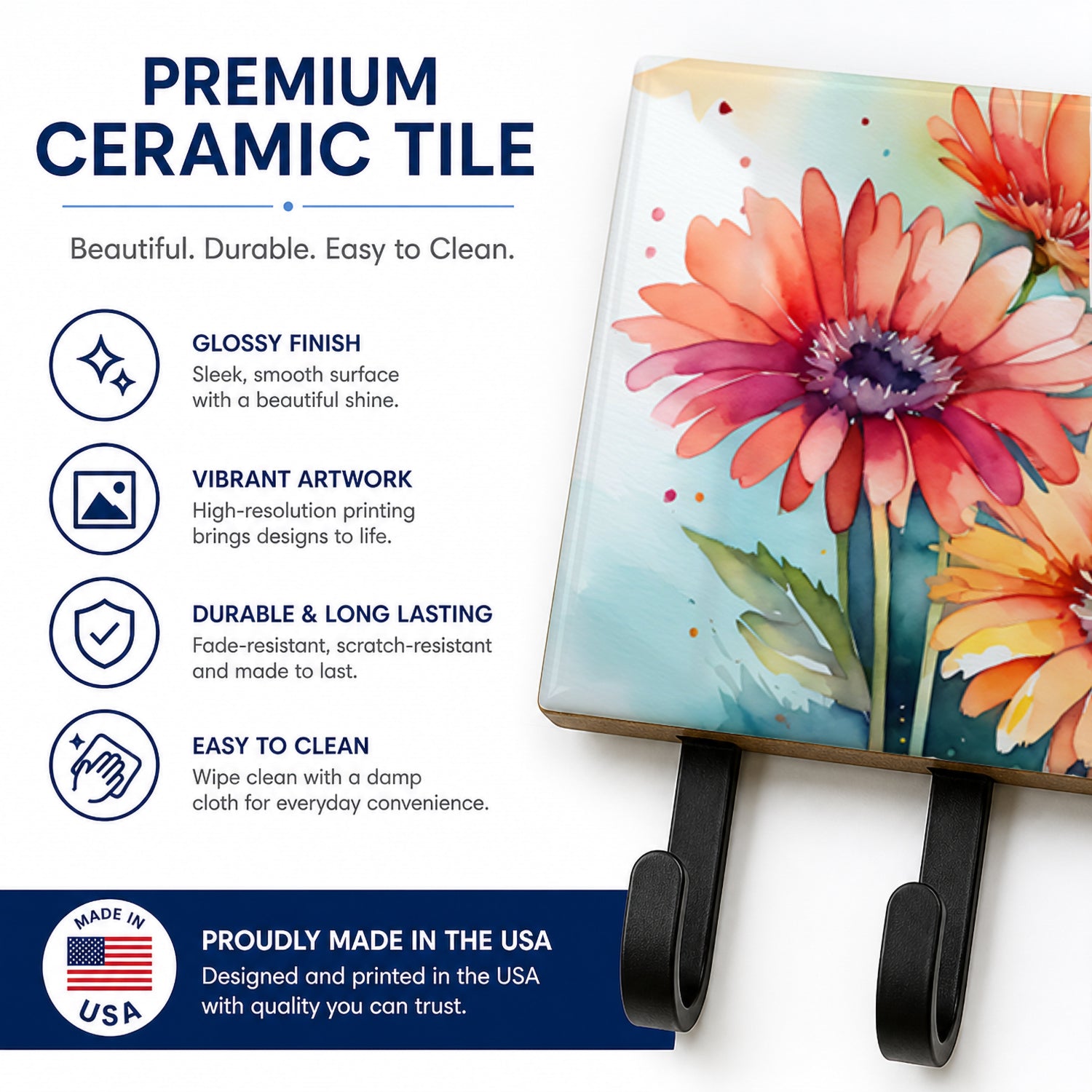 Gerbera Daisies in Watercolor Leash or Key Holder Wall Hooks, Coat Rack Wall Mount, for Hanging Keys, Towels, Aprons, Leashes