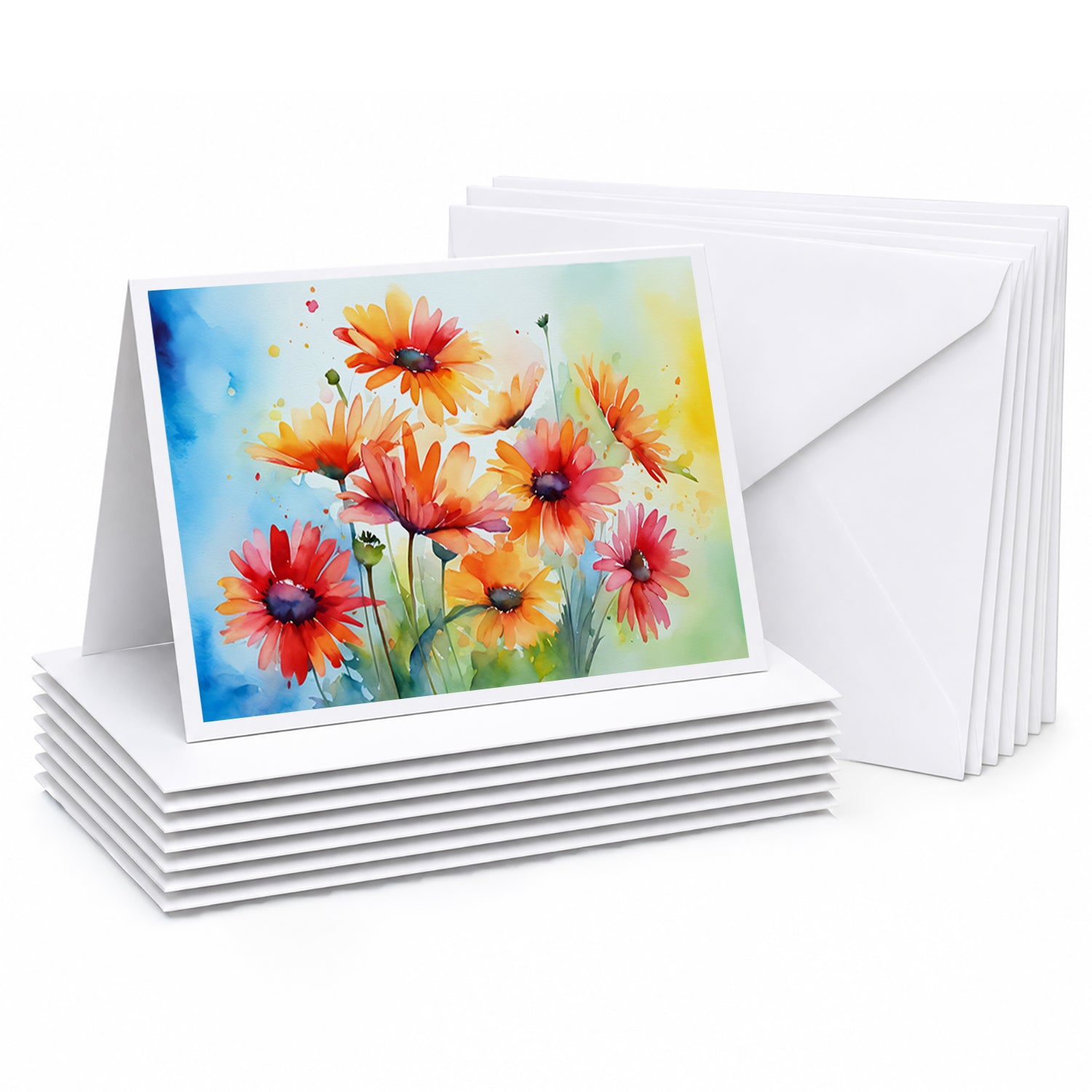 Gerbera Daisies in Watercolor Greeting Cards Pack of 8 Blank Cards with Envelopes Whimsical A7 Size 5x7