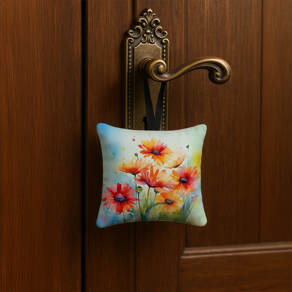 Gerbera Daisies in Watercolor Hanging Square Fabric Ornament 3.5 × 3.5 Decorative Door-Knob & Tree Hanger, Soft Fabric