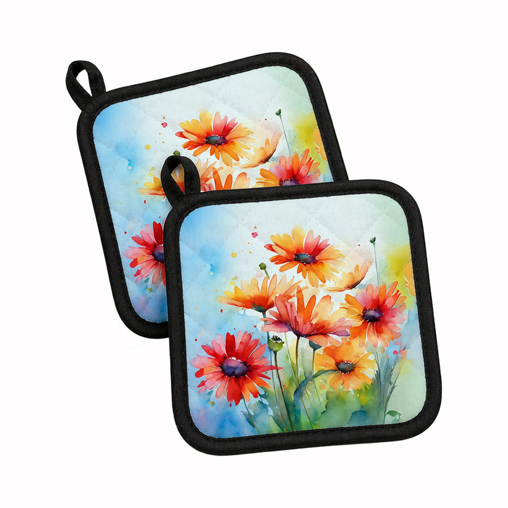 Gerbera Daisies in Watercolor Pot Holder Set of 2 Heat Resistant Quilted Hot Pads 7.5 x 7.5 Inch, Insulated Kitchen Trivets for Cooking & Baking