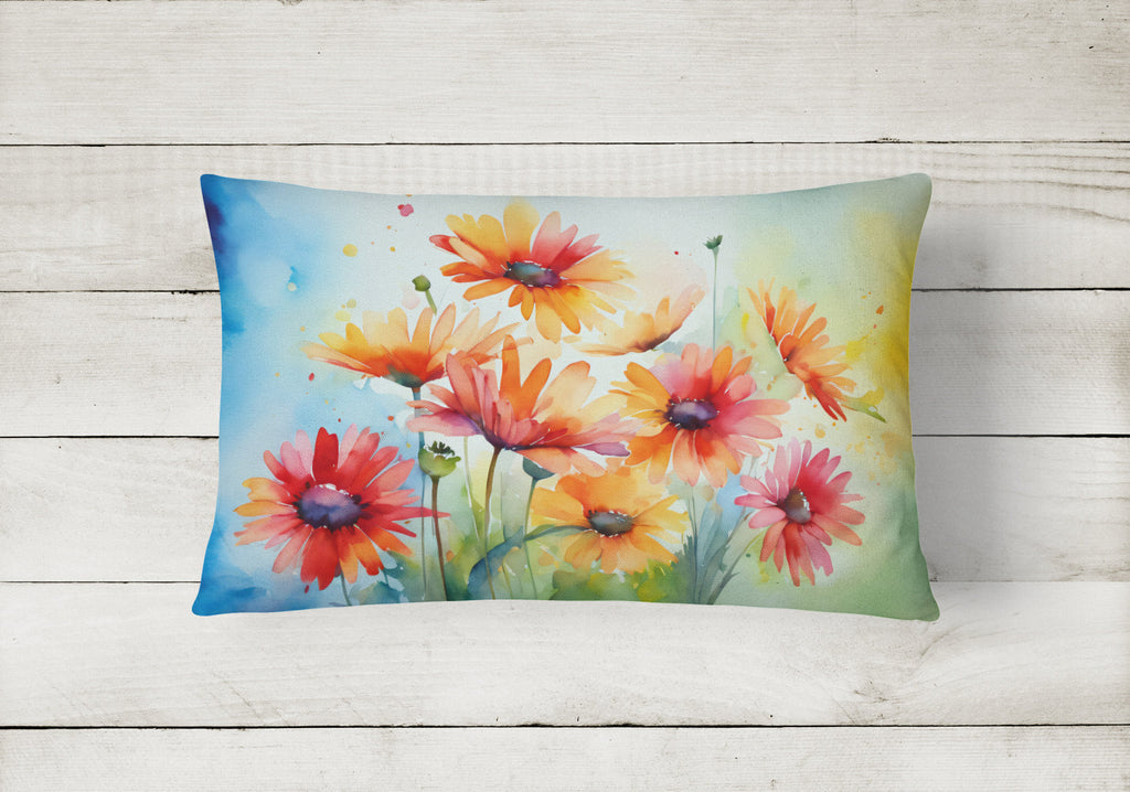 Gerbera Daisies in Watercolor Decorative Throw Pillow 12x16 Indoor Outdoor Accent Cushion, Fabric Cover with Insert for Sofa, Bed, Porch & Living Room