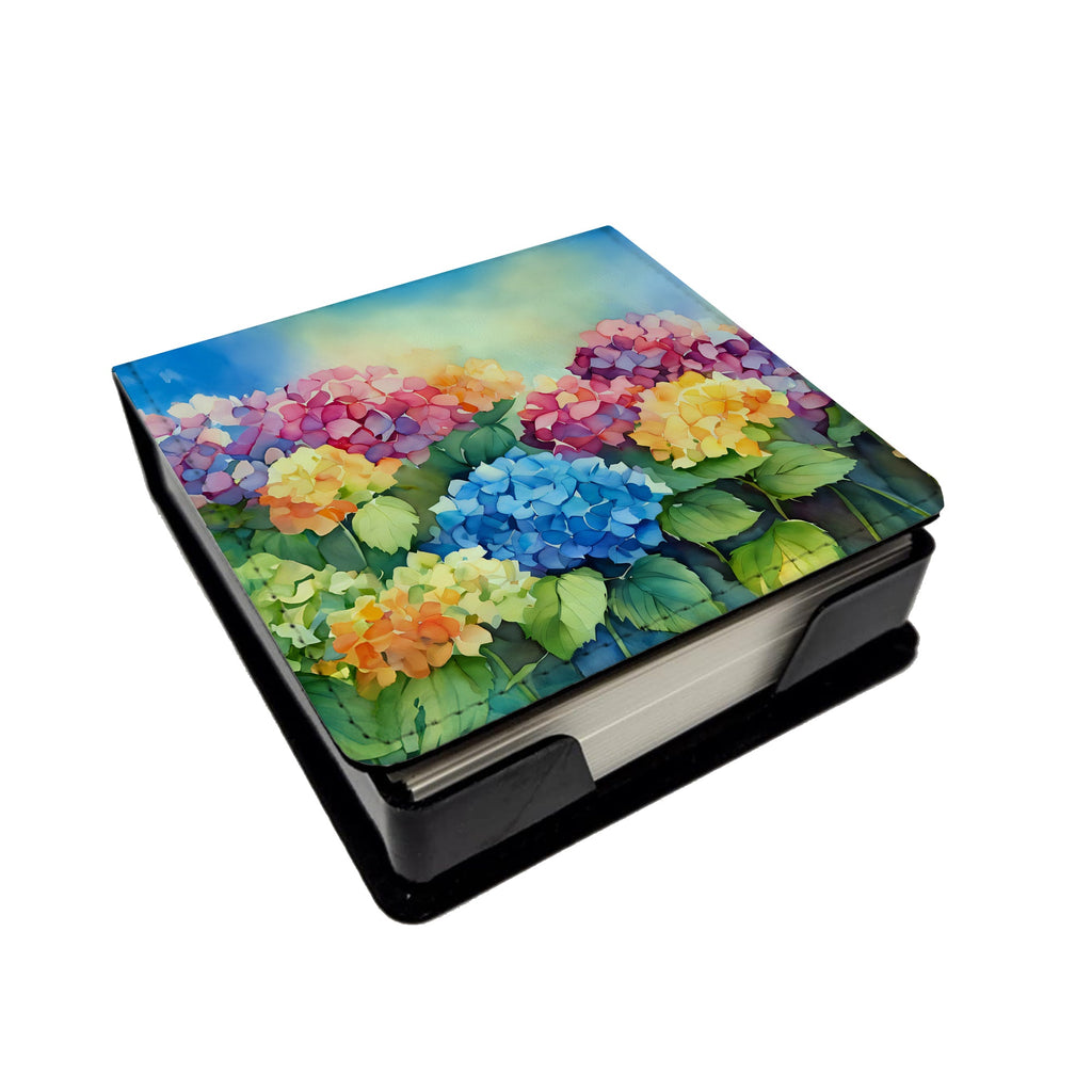 Hydrangeas in Watercolor PU Leather Note Paper Holder with Artist-Designed Cover, Desk Accessory, Office Gift