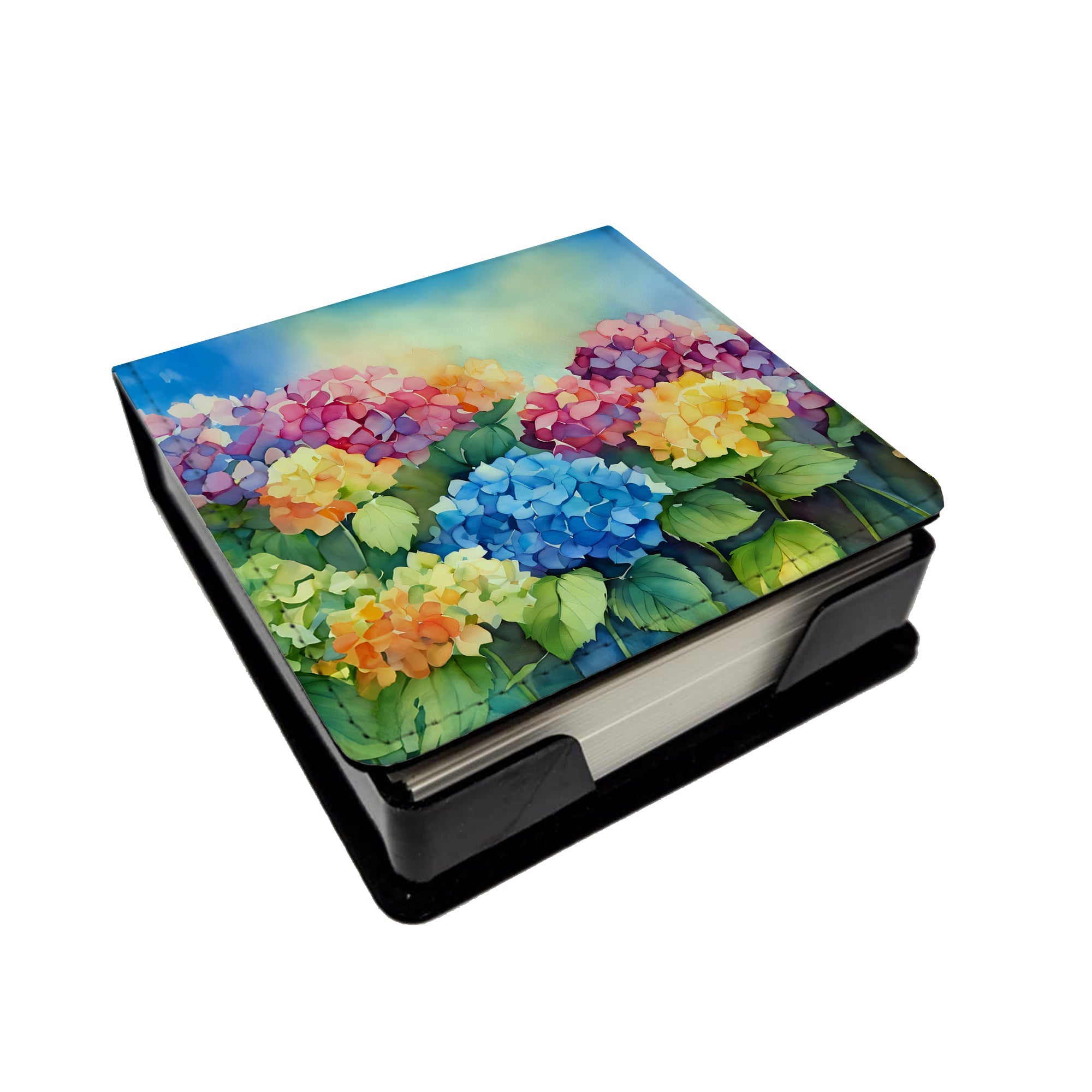 Hydrangeas in Watercolor PU Leather Note Paper Holder with Artist-Designed Cover, Desk Accessory, Office Gift