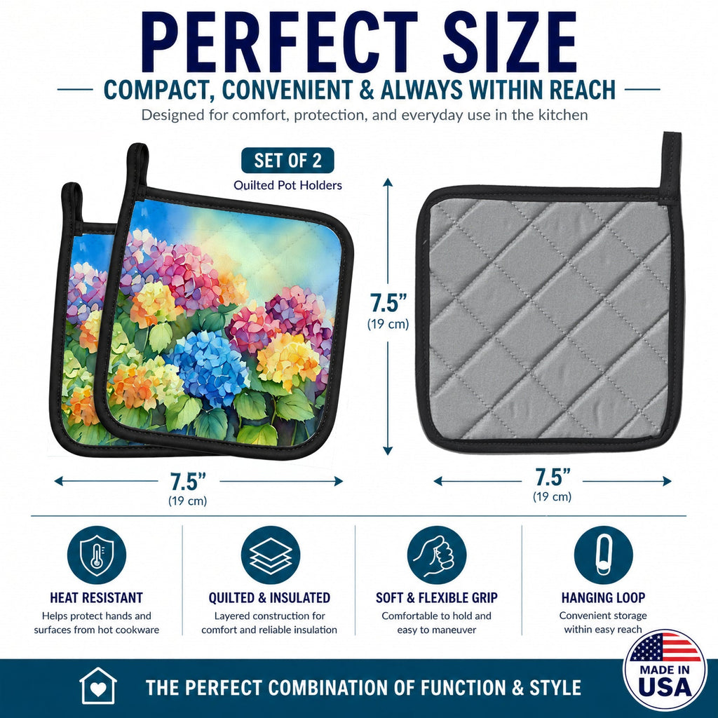 Hydrangeas in Watercolor Pot Holder Set of 2 Heat Resistant Quilted Hot Pads 7.5 x 7.5 Inch, Insulated Kitchen Trivets for Cooking & Baking