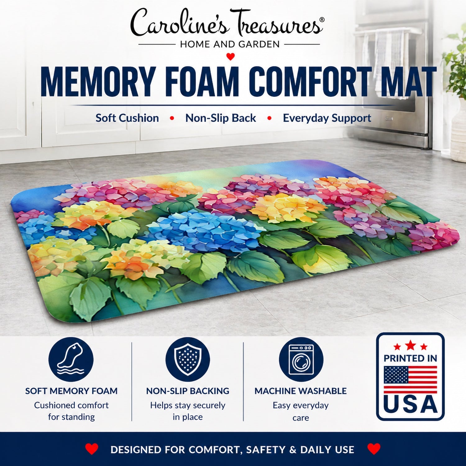Hydrangeas in Watercolor Memory Foam Kitchen Mat Machine Washable Anti-Fatigue Cushion Comfort Bath or Kitchen Rug