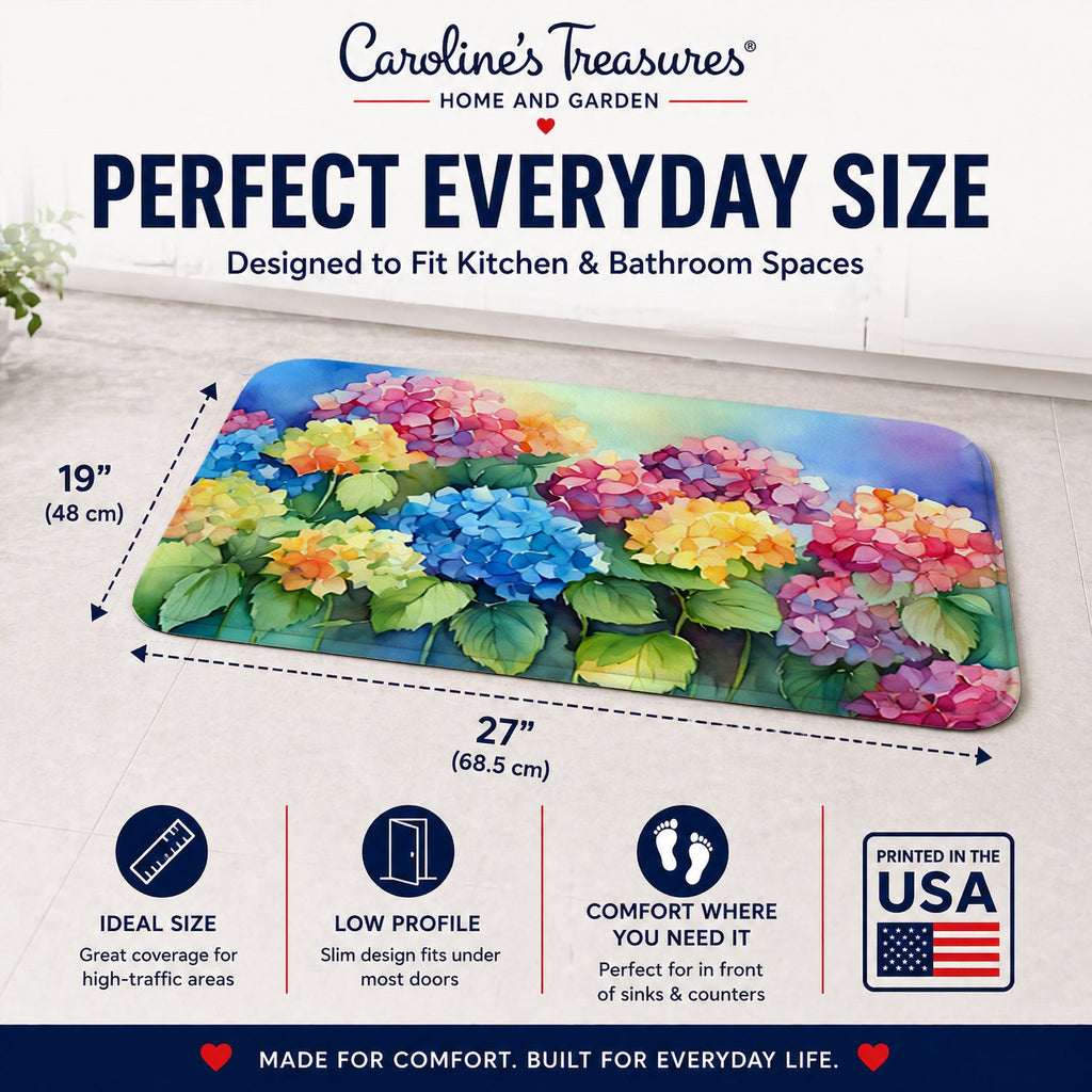 Hydrangeas in Watercolor Memory Foam Kitchen Mat Machine Washable Anti-Fatigue Cushion Comfort Bath or Kitchen Rug