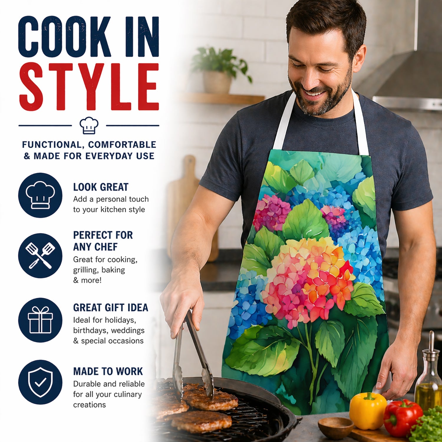 Hydrangeas in Watercolor Apron Cooking Kitchen Server Baking Crafts Gardening for Adult Women Men, Unisex, Large, Multicolor