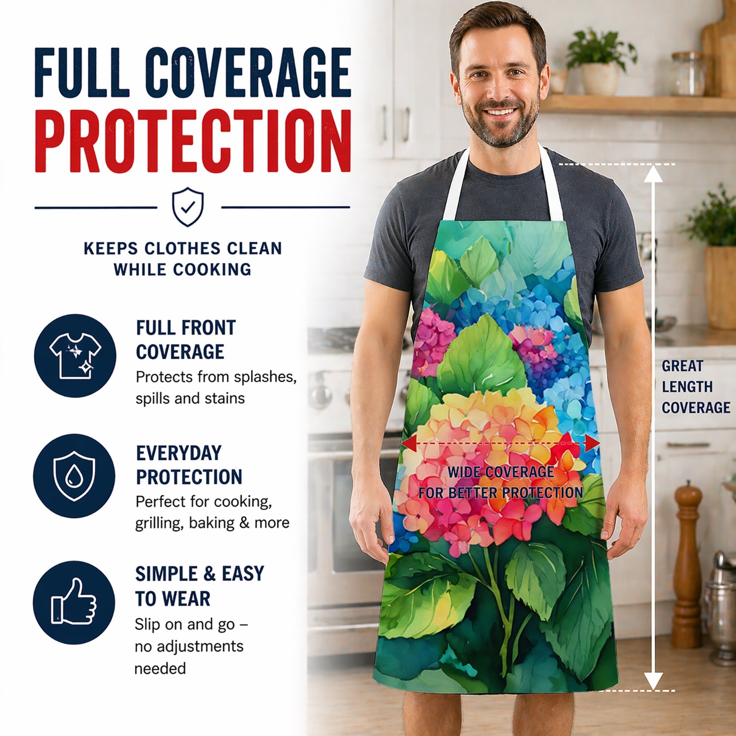 Hydrangeas in Watercolor Apron Cooking Kitchen Server Baking Crafts Gardening for Adult Women Men, Unisex, Large, Multicolor