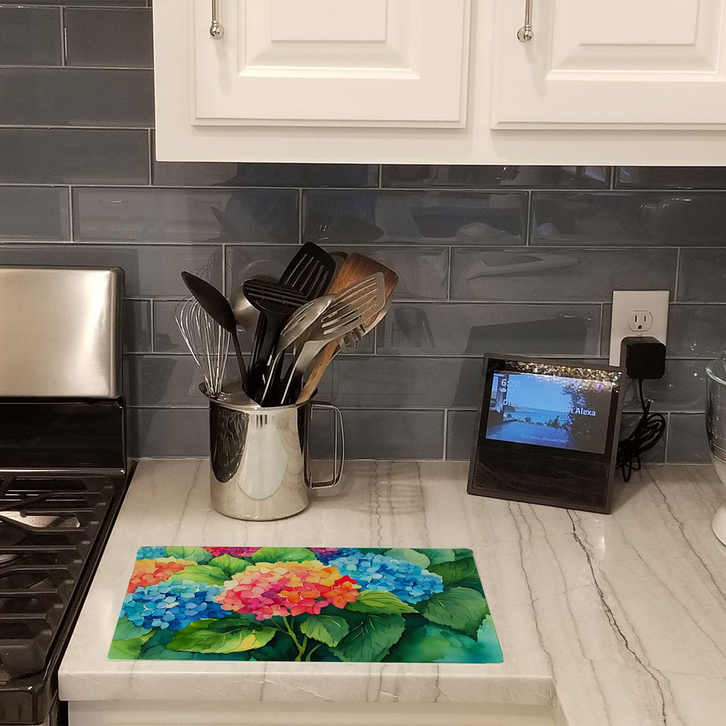 Hydrangeas in Watercolor Cutting Board Tempered Glass Kitchen Cutting Surface, Heat Resistant Chopping, Non-Slip Feet, Food Prep & Serving