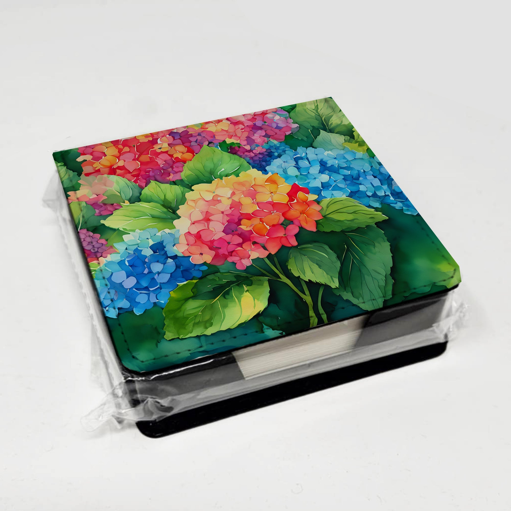 Hydrangeas in Watercolor PU Leather Note Paper Holder with Artist-Designed Cover, Desk Accessory, Office Gift