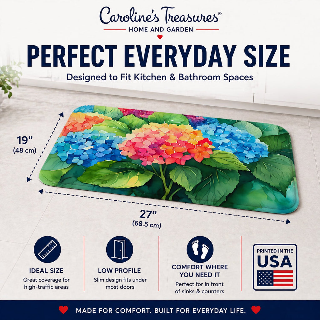 Hydrangeas in Watercolor Memory Foam Kitchen Mat Machine Washable Anti-Fatigue Cushion Comfort Bath or Kitchen Rug