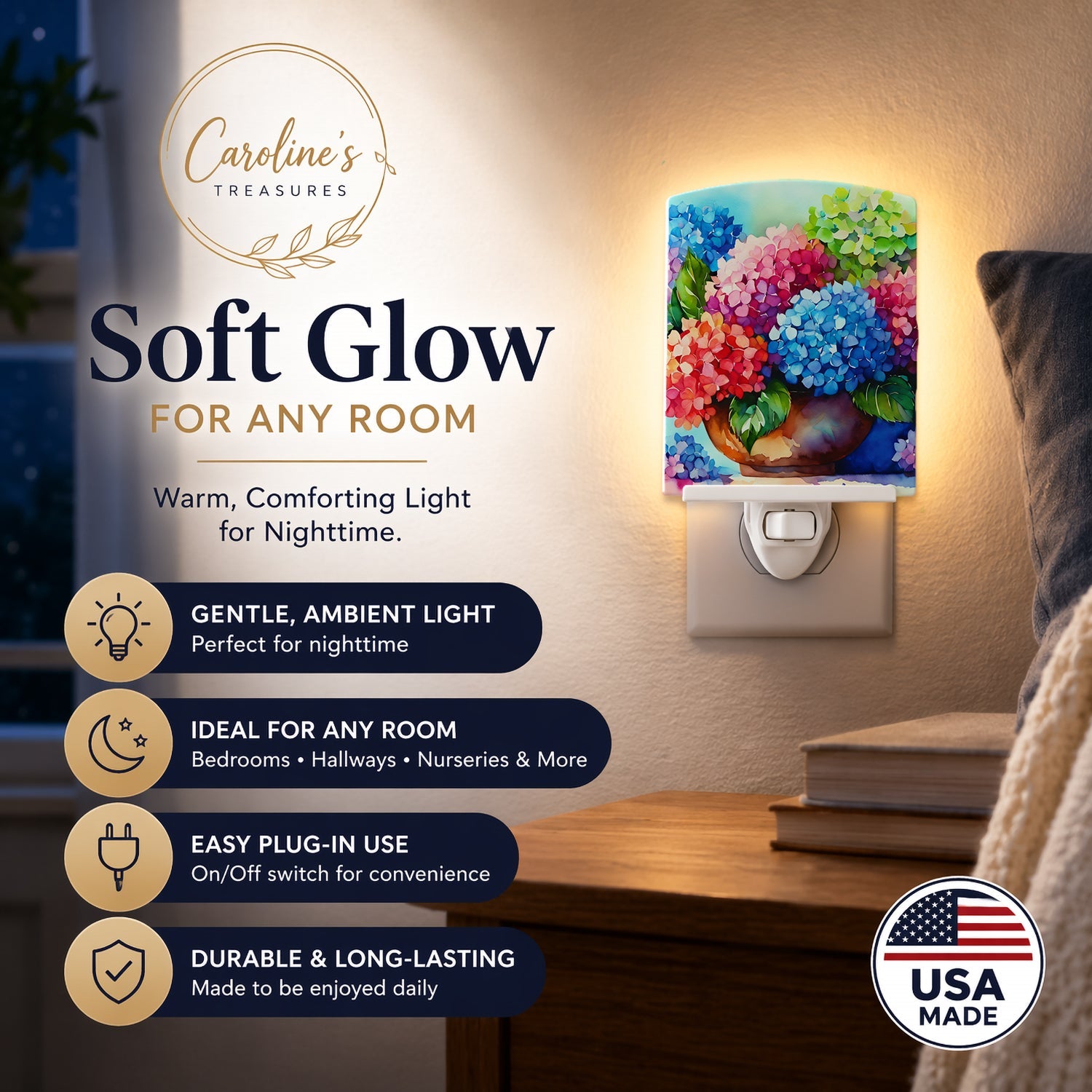Hydrangeas in Watercolor Ceramic Night Light Compact, UL-Certified, Ideal for Bedroom, Bathroom, Nursery, Hallway, Kitchen, 6x4x3, Multicolor
