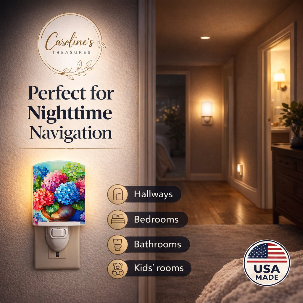 Hydrangeas in Watercolor Ceramic Night Light Compact, UL-Certified, Ideal for Bedroom, Bathroom, Nursery, Hallway, Kitchen, 6x4x3, Multicolor