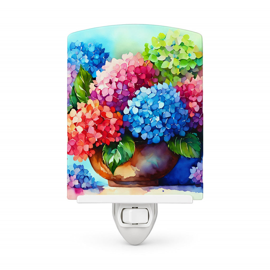 Hydrangeas in Watercolor Ceramic Night Light Compact, UL-Certified, Ideal for Bedroom, Bathroom, Nursery, Hallway, Kitchen, 6x4x3, Multicolor