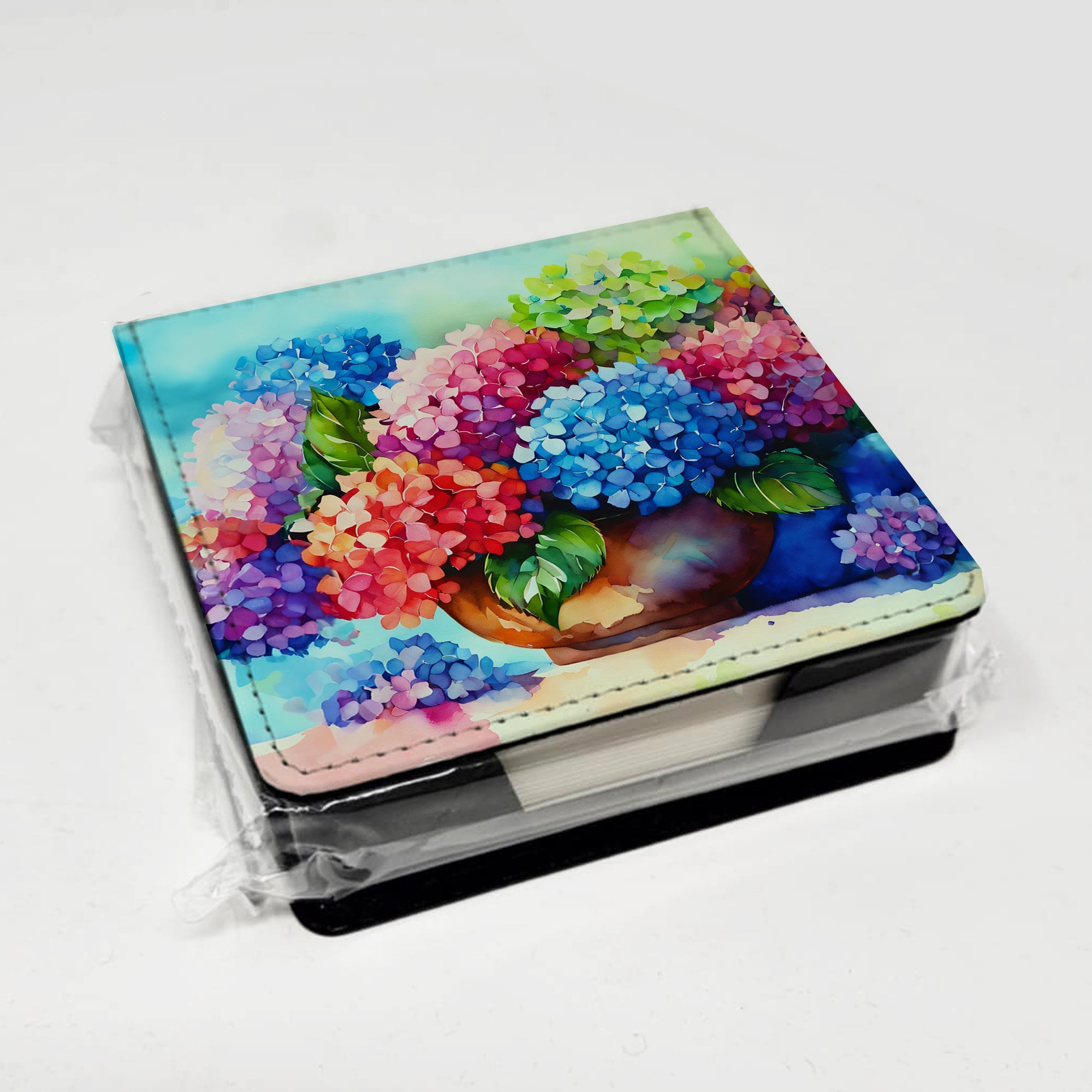 Hydrangeas in Watercolor PU Leather Note Paper Holder with Artist-Designed Cover, Desk Accessory, Office Gift