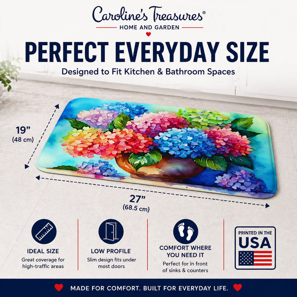 Hydrangeas in Watercolor Memory Foam Kitchen Mat Machine Washable Anti-Fatigue Cushion Comfort Bath or Kitchen Rug