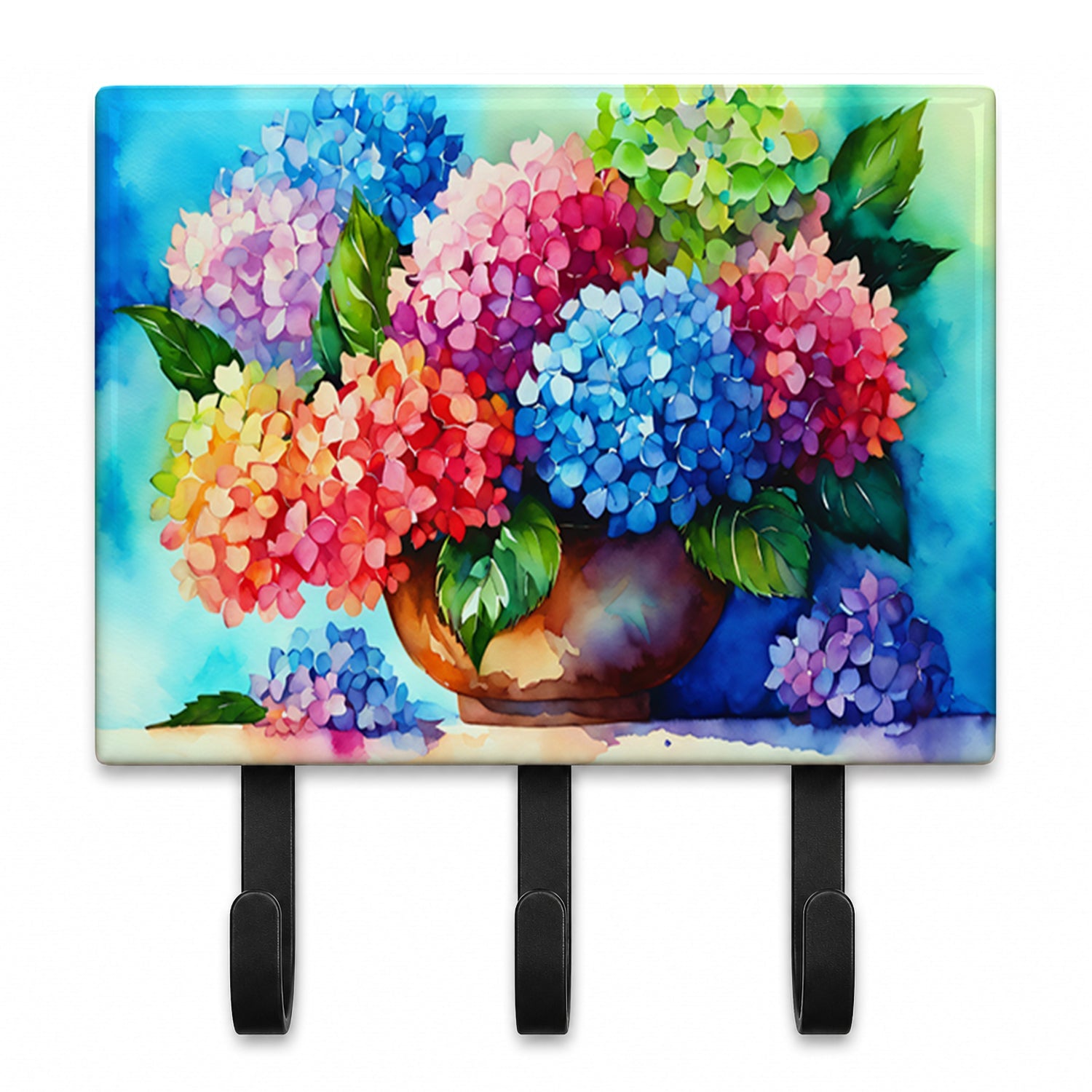 Hydrangeas in Watercolor Leash or Key Holder Wall Hooks, Coat Rack Wall Mount, for Hanging Keys, Towels, Aprons, Leashes