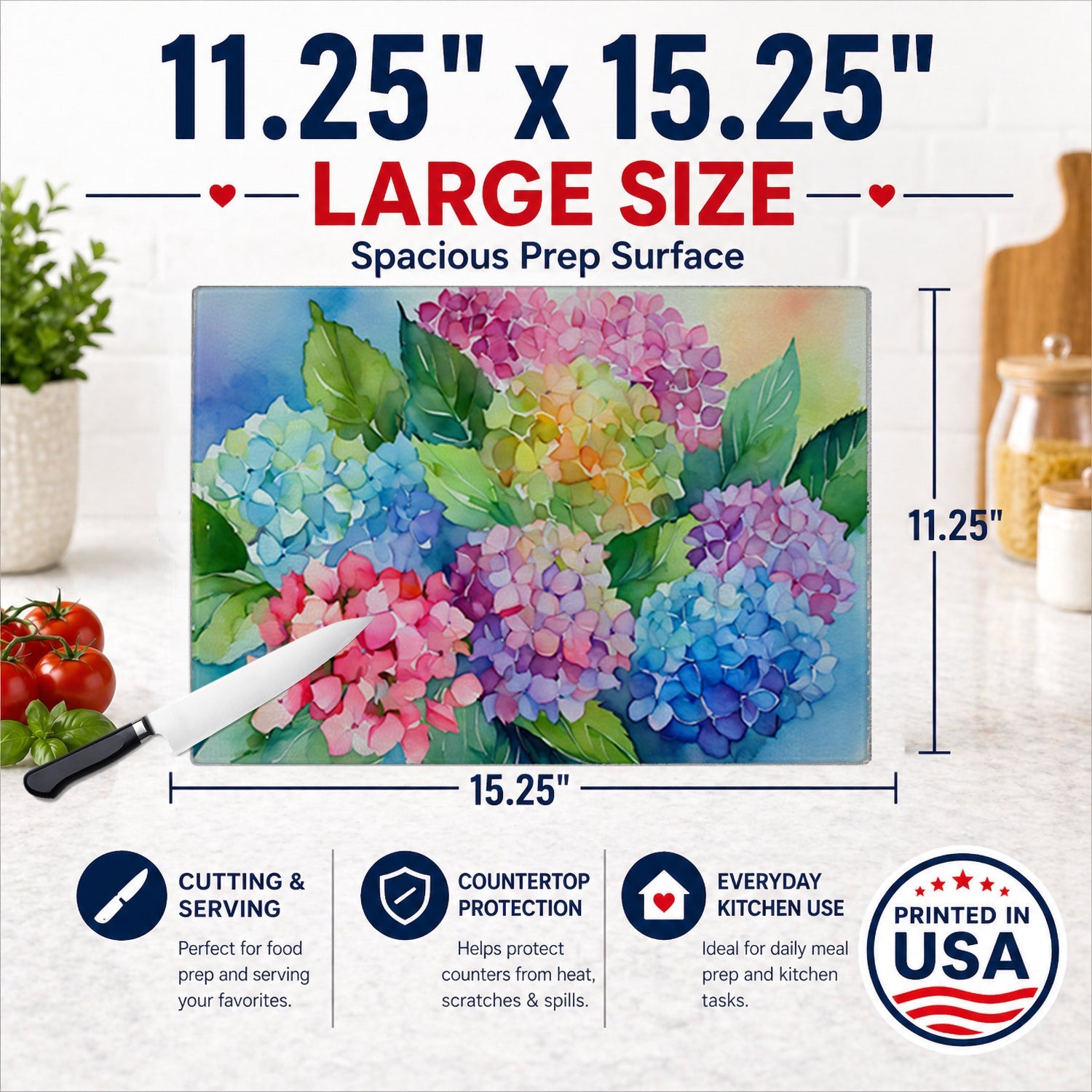 Hydrangeas in Watercolor Cutting Board Tempered Glass Kitchen Cutting Surface, Heat Resistant Chopping, Non-Slip Feet, Food Prep & Serving