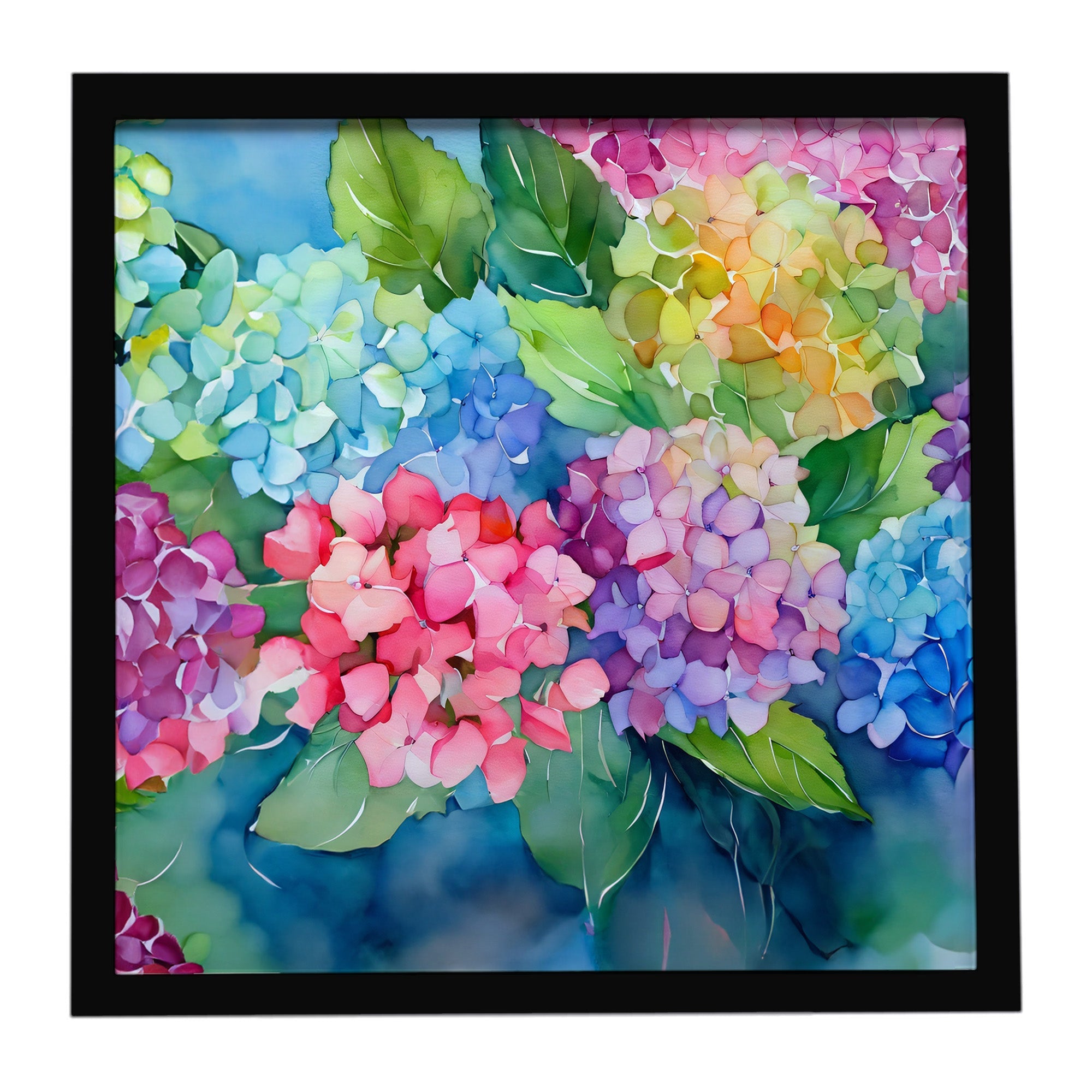 Hydrangeas in Watercolor Framed Metal Print Bathroom, Kitchen, Office, Home Decor Wall Art Ready to Hang, Square, 8X8