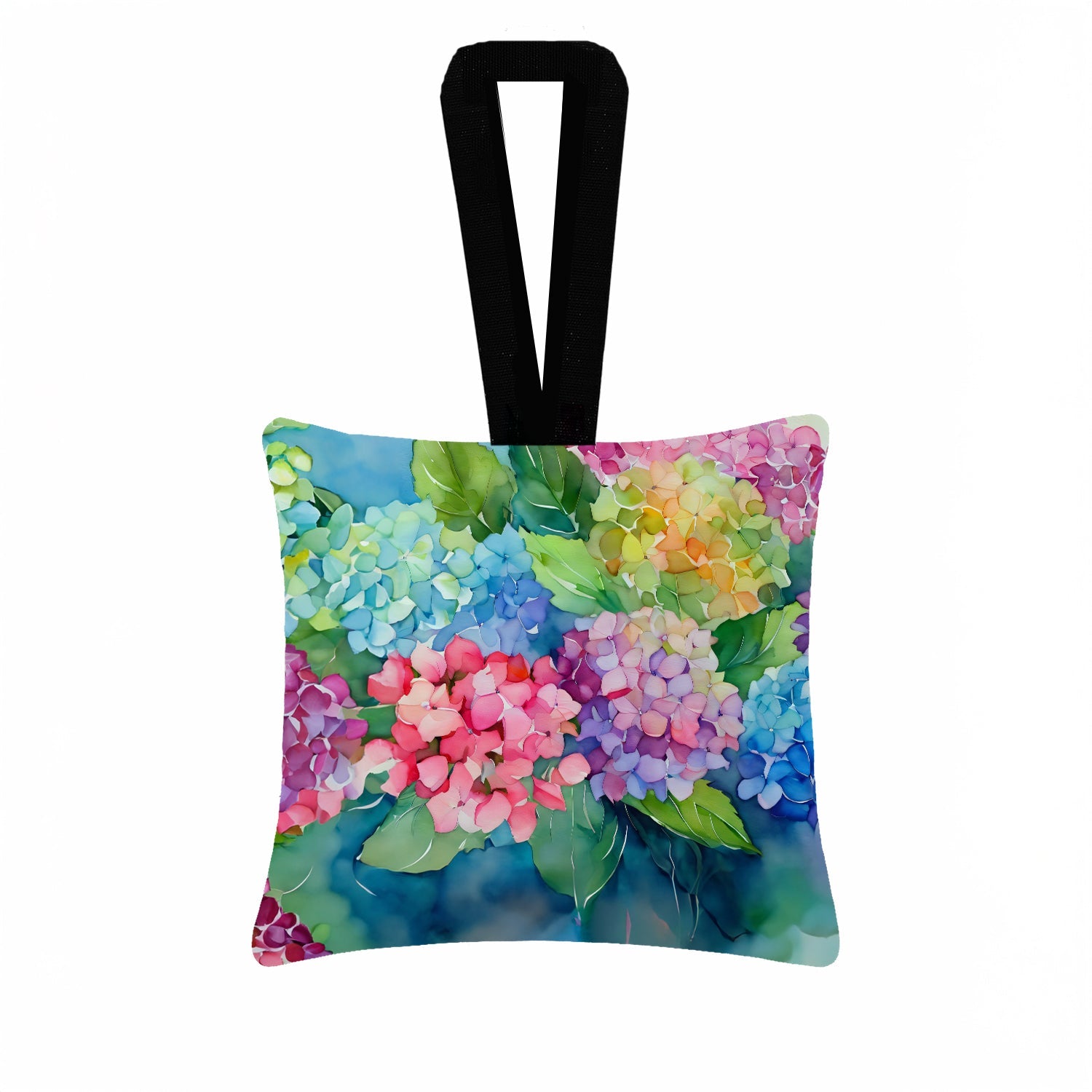 Hydrangeas in Watercolor Hanging Square Fabric Ornament 3.5 × 3.5 Decorative Door-Knob & Tree Hanger, Soft Fabric