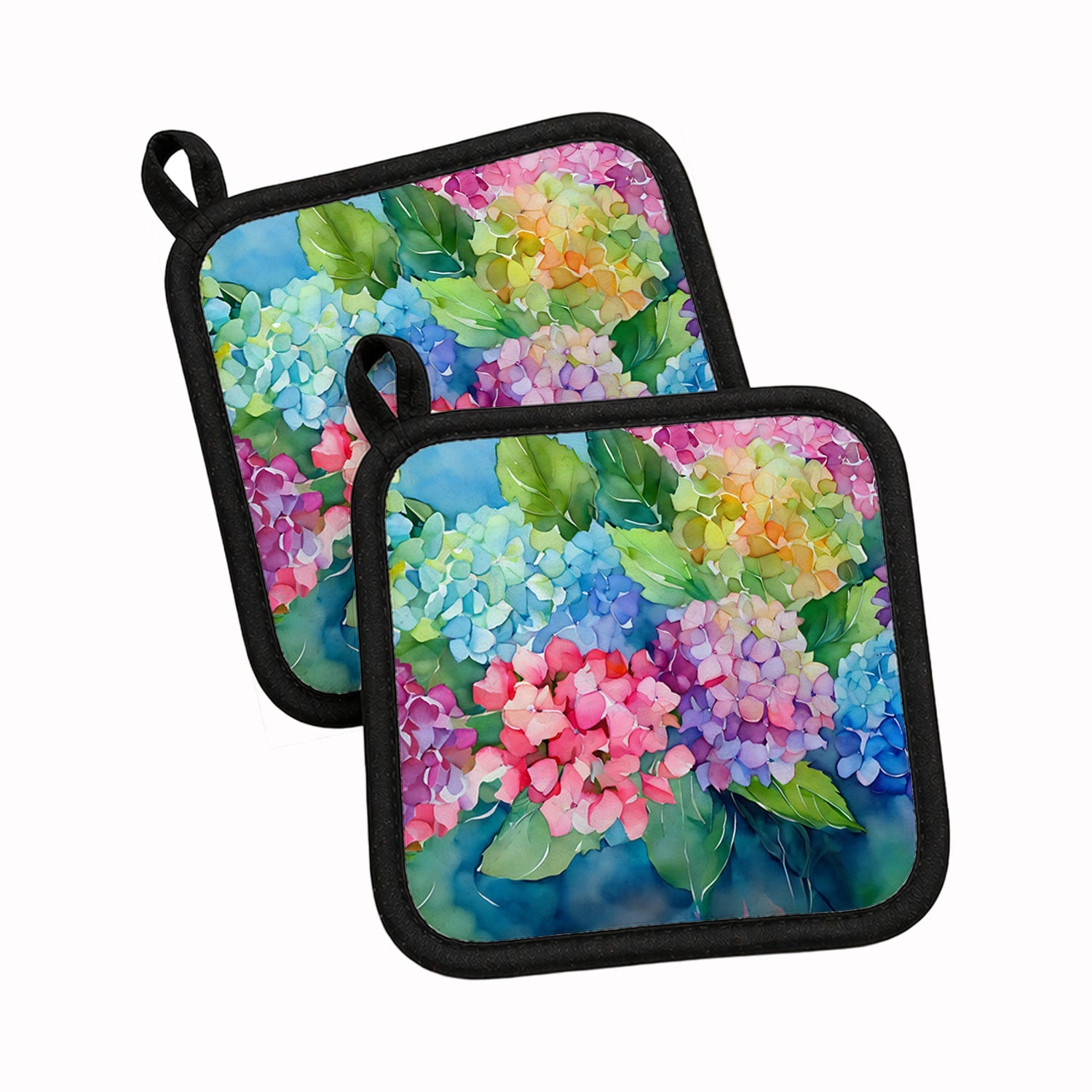 Hydrangeas in Watercolor Pot Holder Set of 2 Heat Resistant Quilted Hot Pads 7.5 x 7.5 Inch, Insulated Kitchen Trivets for Cooking & Baking