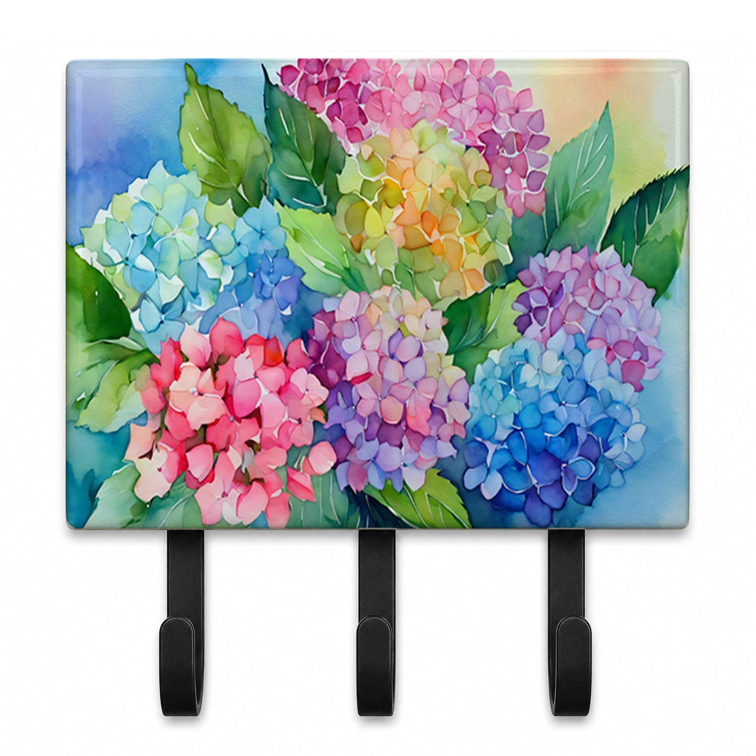 Hydrangeas in Watercolor Leash or Key Holder Wall Hooks, Coat Rack Wall Mount, for Hanging Keys, Towels, Aprons, Leashes