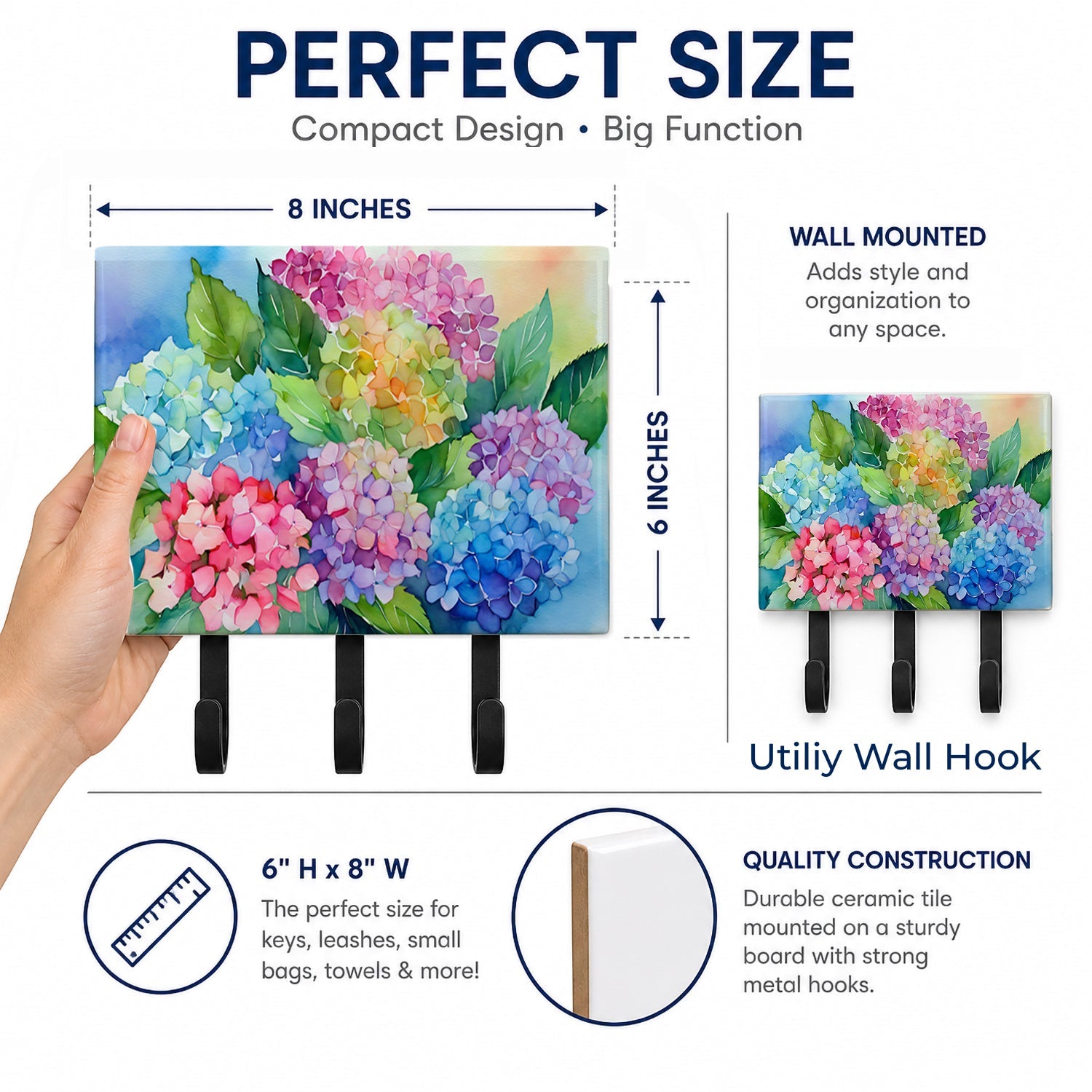 Hydrangeas in Watercolor Leash or Key Holder Wall Hooks, Coat Rack Wall Mount, for Hanging Keys, Towels, Aprons, Leashes