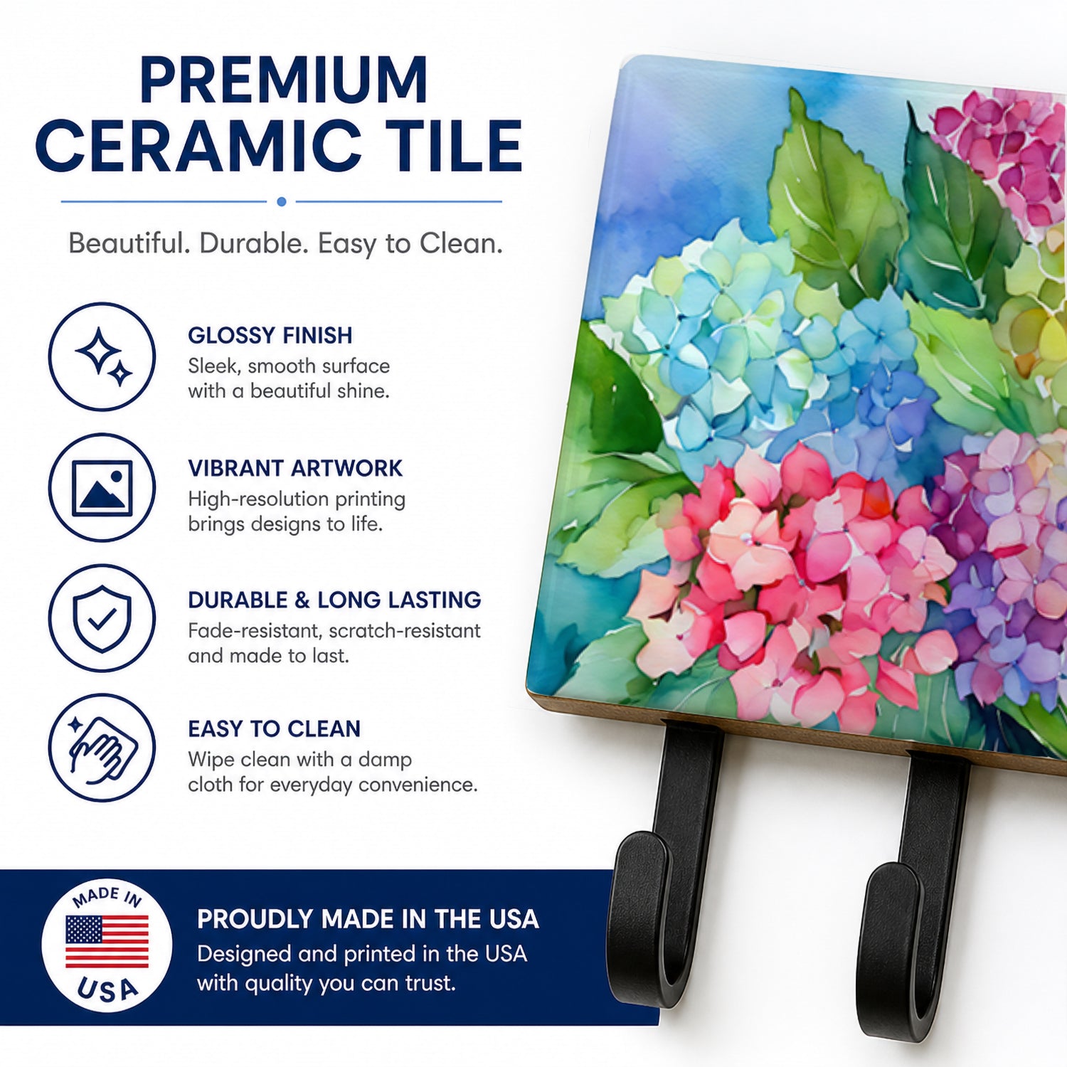 Hydrangeas in Watercolor Leash or Key Holder Wall Hooks, Coat Rack Wall Mount, for Hanging Keys, Towels, Aprons, Leashes