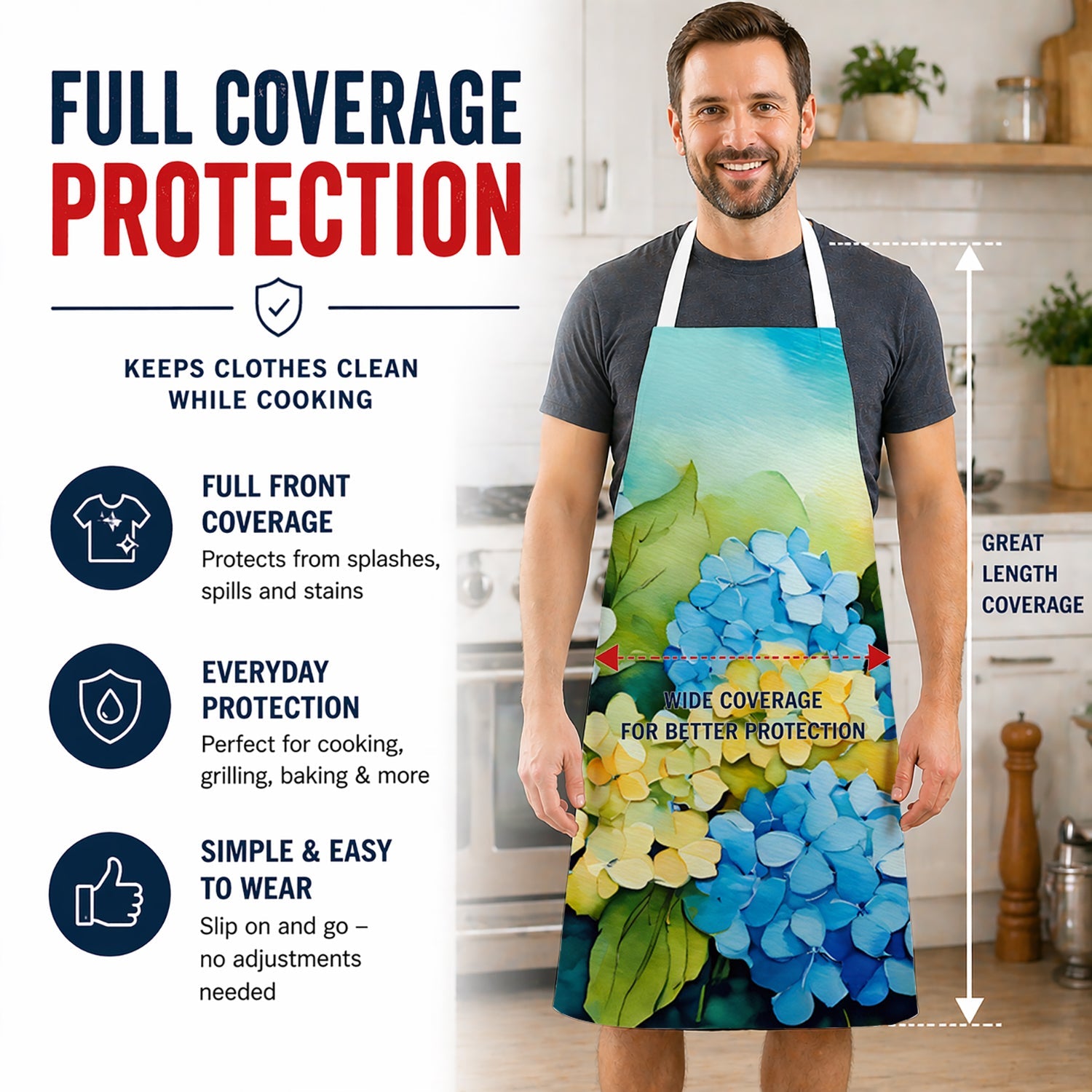 Hydrangeas in Watercolor Apron Cooking Kitchen Server Baking Crafts Gardening for Adult Women Men, Unisex, Large, Multicolor