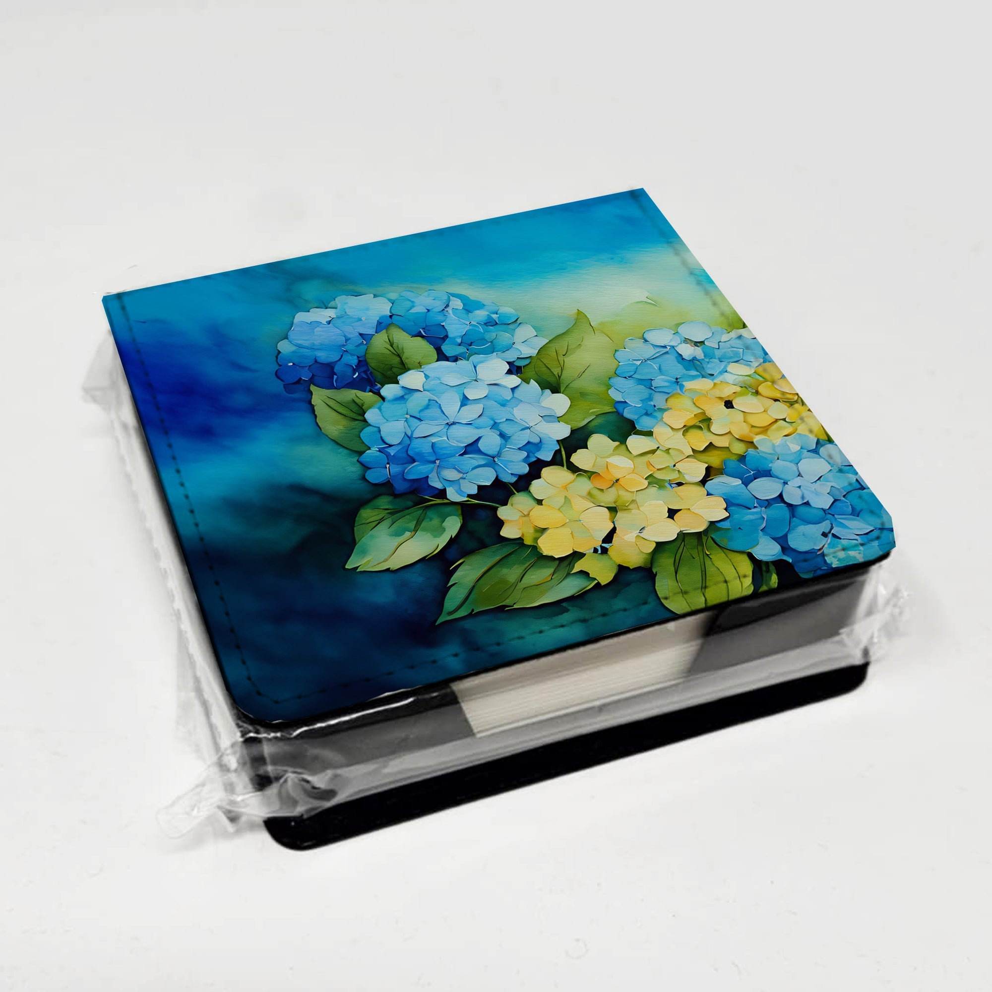 Hydrangeas in Watercolor PU Leather Note Paper Holder with Artist-Designed Cover, Desk Accessory, Office Gift