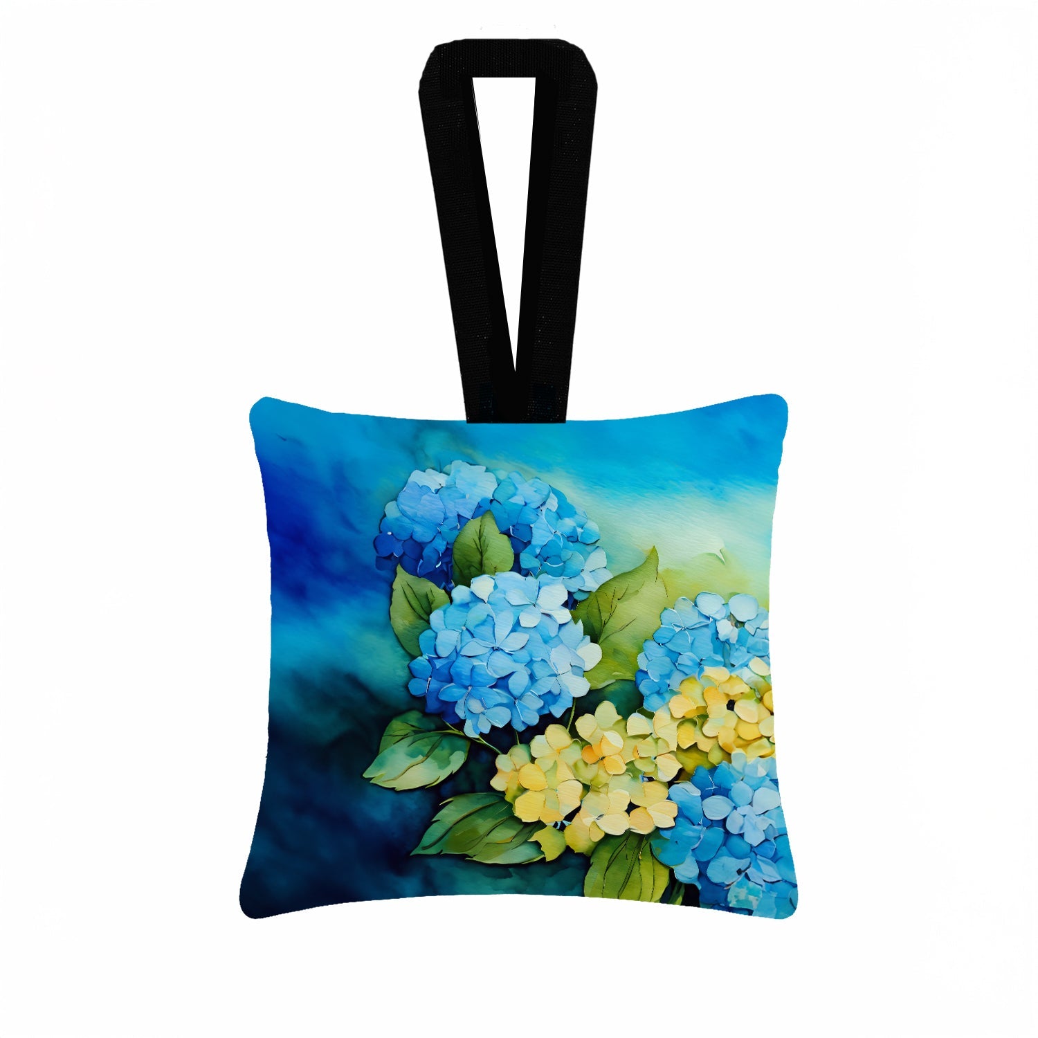 Hydrangeas in Watercolor Hanging Square Fabric Ornament 3.5 × 3.5 Decorative Door-Knob & Tree Hanger, Soft Fabric
