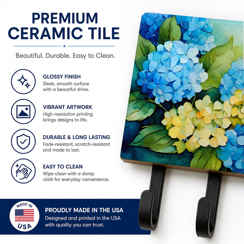 Hydrangeas in Watercolor Leash or Key Holder Wall Hooks, Coat Rack Wall Mount, for Hanging Keys, Towels, Aprons, Leashes