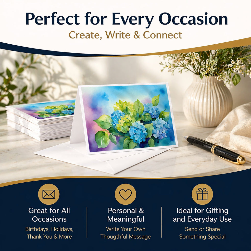 Hydrangeas in Watercolor Greeting Cards Pack of 8 Blank Cards with Envelopes Whimsical A7 Size 5x7