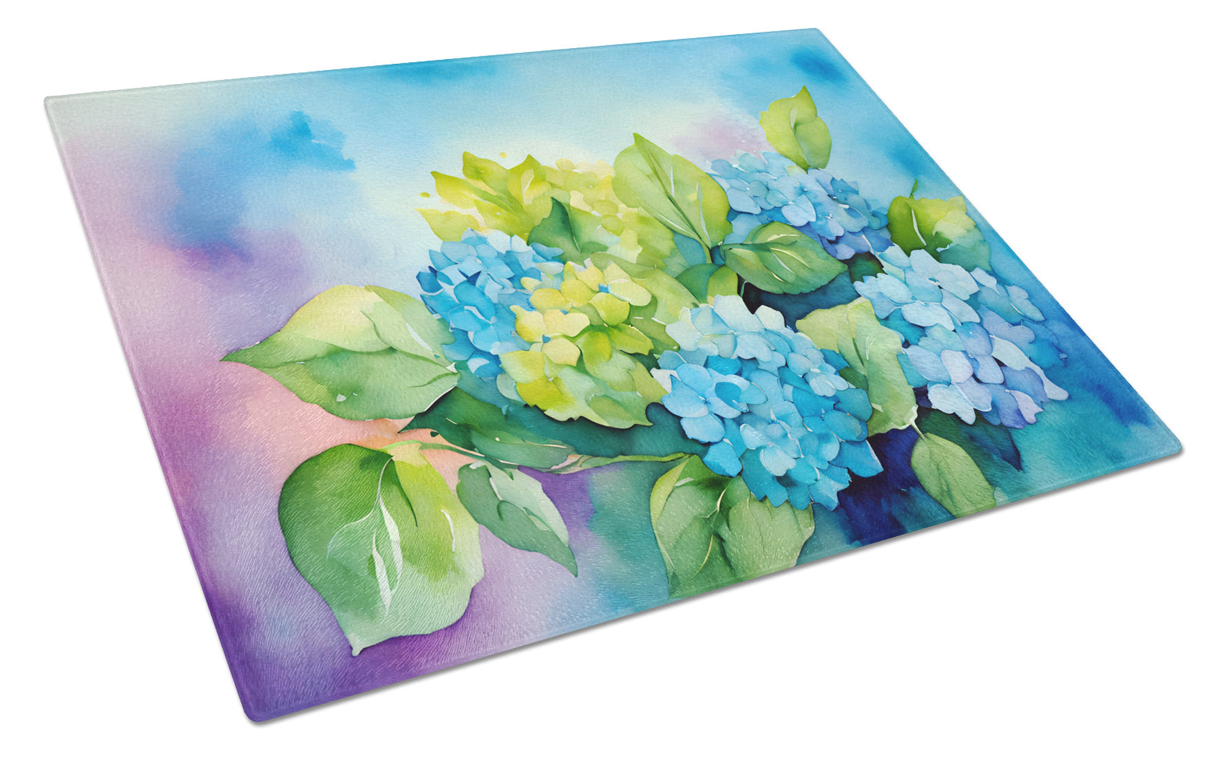 Hydrangeas in Watercolor Cutting Board Tempered Glass Kitchen Cutting Surface, Heat Resistant Chopping, Non-Slip Feet, Food Prep & Serving