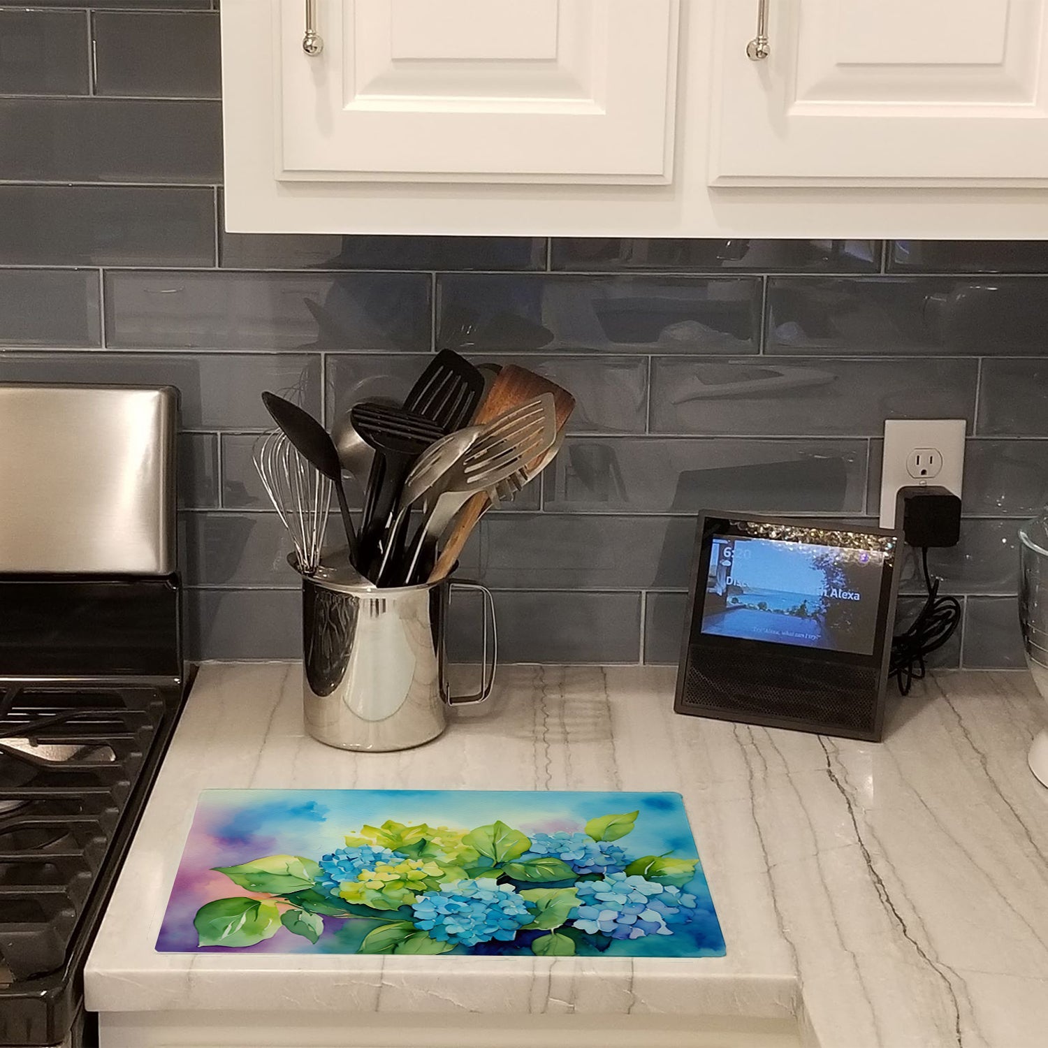 Hydrangeas in Watercolor Cutting Board Tempered Glass Kitchen Cutting Surface, Heat Resistant Chopping, Non-Slip Feet, Food Prep & Serving