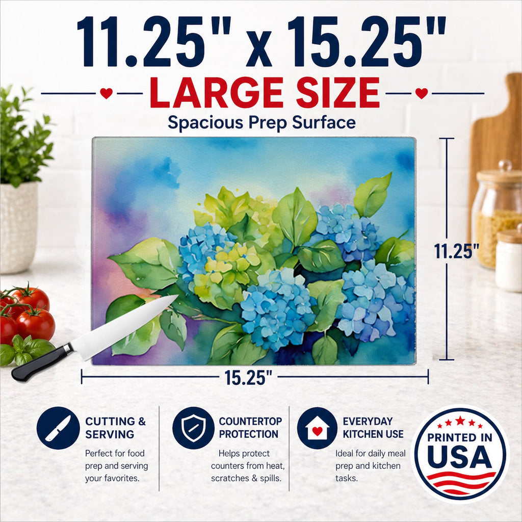 Hydrangeas in Watercolor Cutting Board Tempered Glass Kitchen Cutting Surface, Heat Resistant Chopping, Non-Slip Feet, Food Prep & Serving